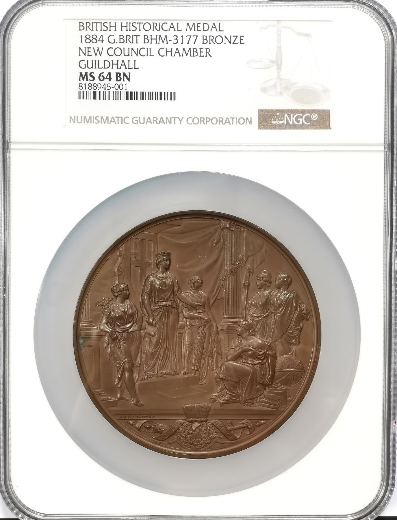 博洋堂“瑰宝之夜”第100期盛典专场（全场顺丰包邮） NGC MS64 WYON作品，金融城系列，1884年伦敦市政厅落成纪念铜章，原盒一对双黄蛋，非常难得