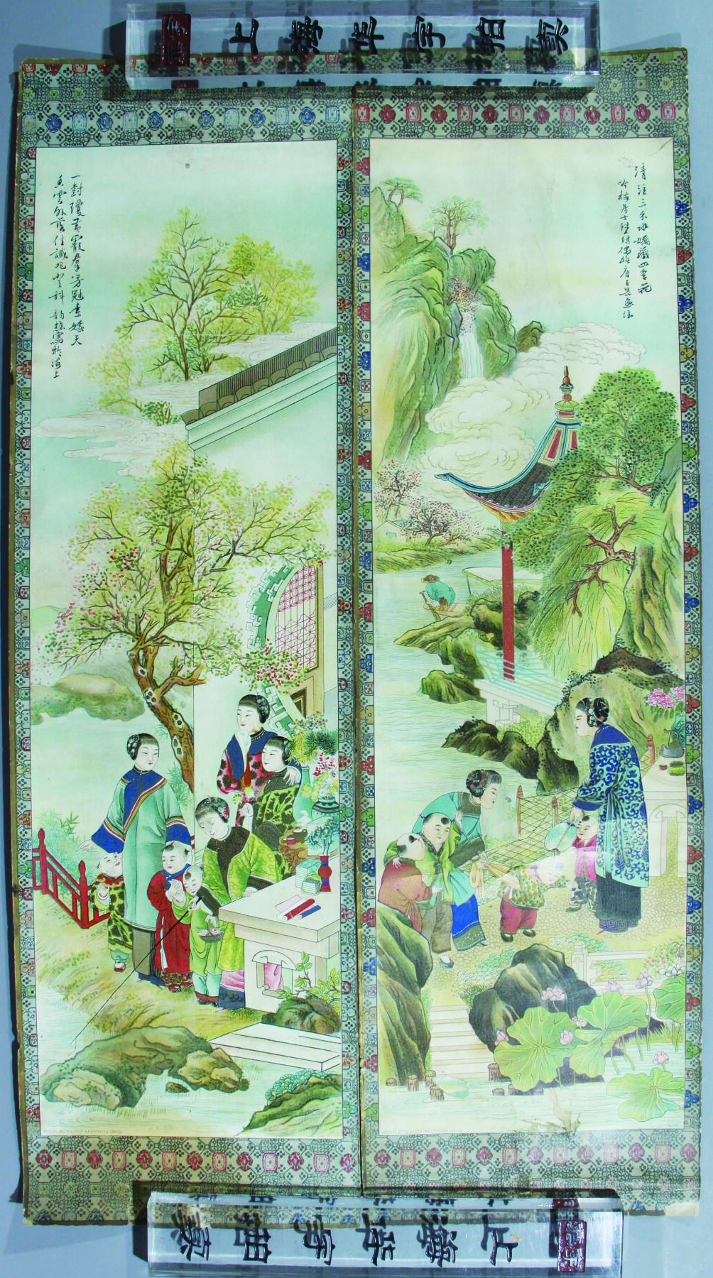 华宇2024年秋季拍卖会 清官宦人家，雍容华贵，三寸金莲，大鑲大拉衣裳。上海禮和洋行敬赠(见每张背面)四联一套。，尺寸：21.7×74CM，财禄繇天赐只因祝祷虔登堂儿女乐钲鼓畅新年癸卯立夏前日韵樵甫陆琪写扵沪上，火树银花合星桥铁锁开癸卯麦秋节吟梅居士陆琪记扵沪城需次，清注三分水娇藏四季花吟梅居士陆琪偶抚唐子畏画法，一树琼黄霰(xian)群芳冠素娥天香雲外落佳识兆登科韵樵写扵海上