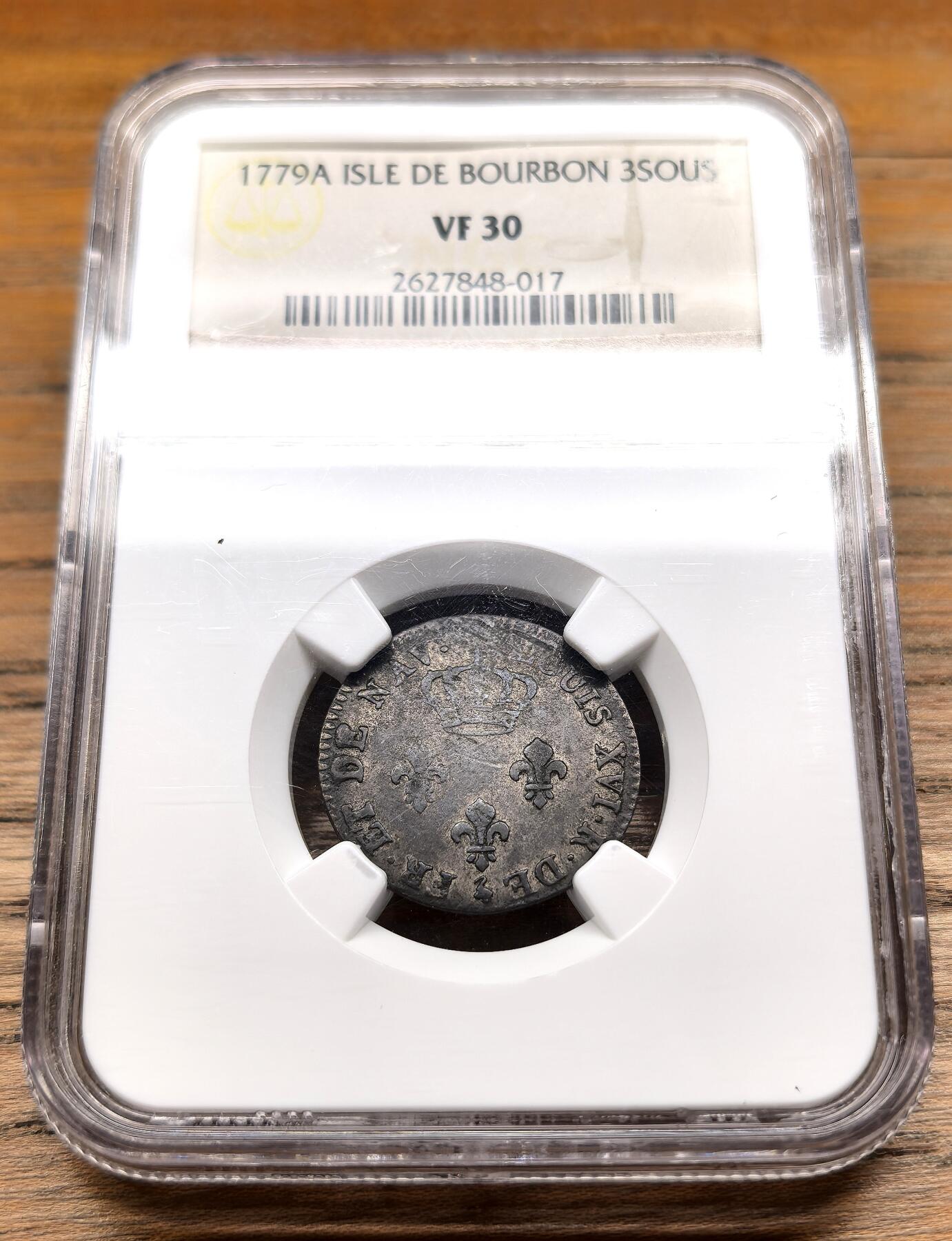 凡希社世界钱币微拍第二百九十期 1779A法属波旁岛3Sous银币NGC-VF30