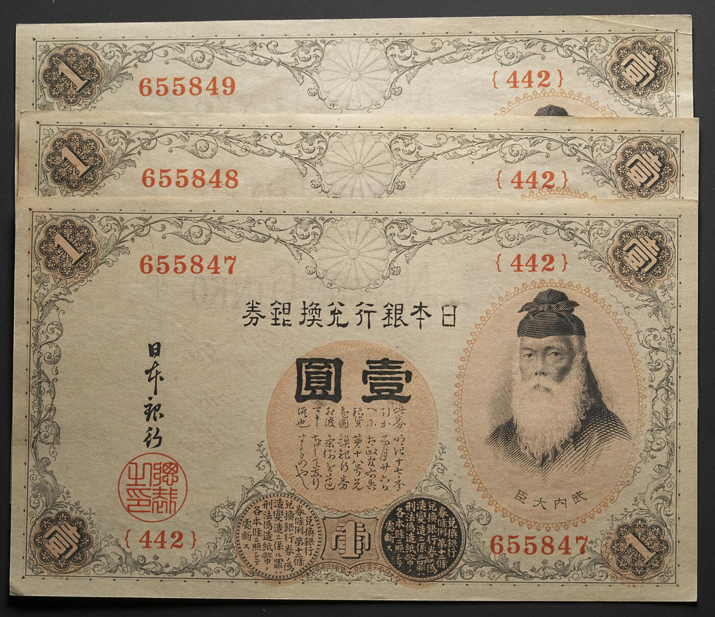 修遠堂世界钱币第四十七期 全场包邮 大正时期日本银行兑换银券壹圆连号3枚 未使用 一枚边角有折