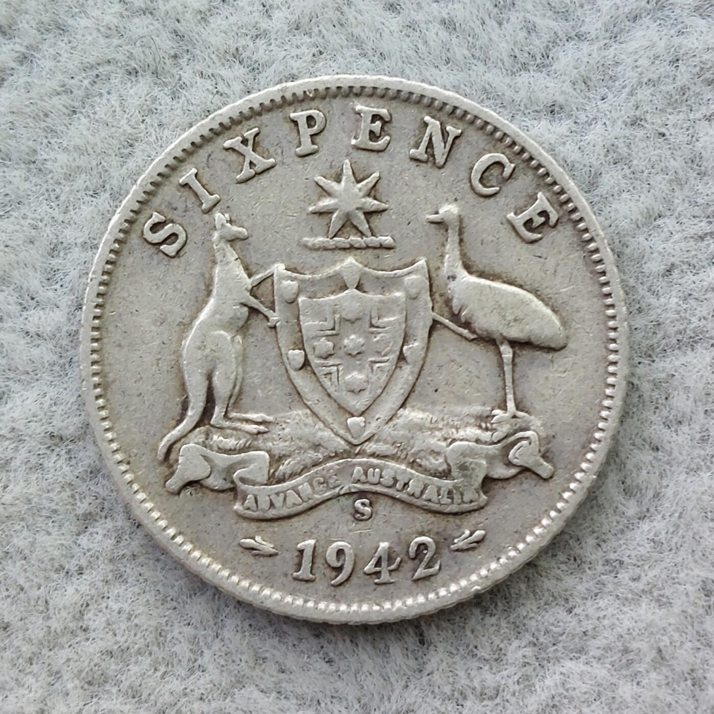 澳大利亚1942年S标乔治六世6便士银币