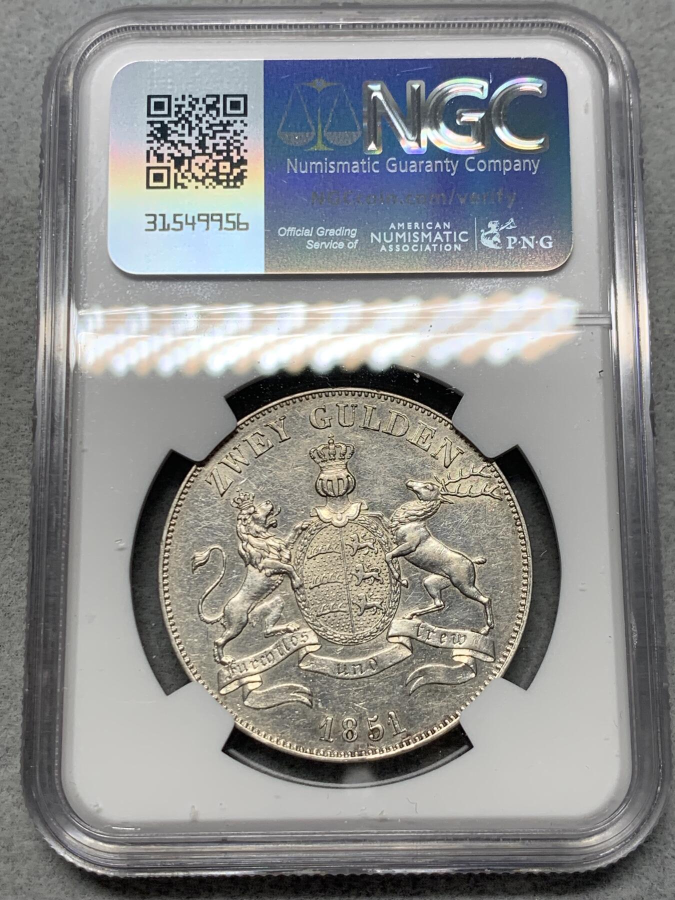 《竞宝斋》第328场 周日，周一，周二 3场连拍 （全场包邮） NGC AUD 德国1851年符腾堡鹿狮2古尔登大银币 流通十分充分 少见年份