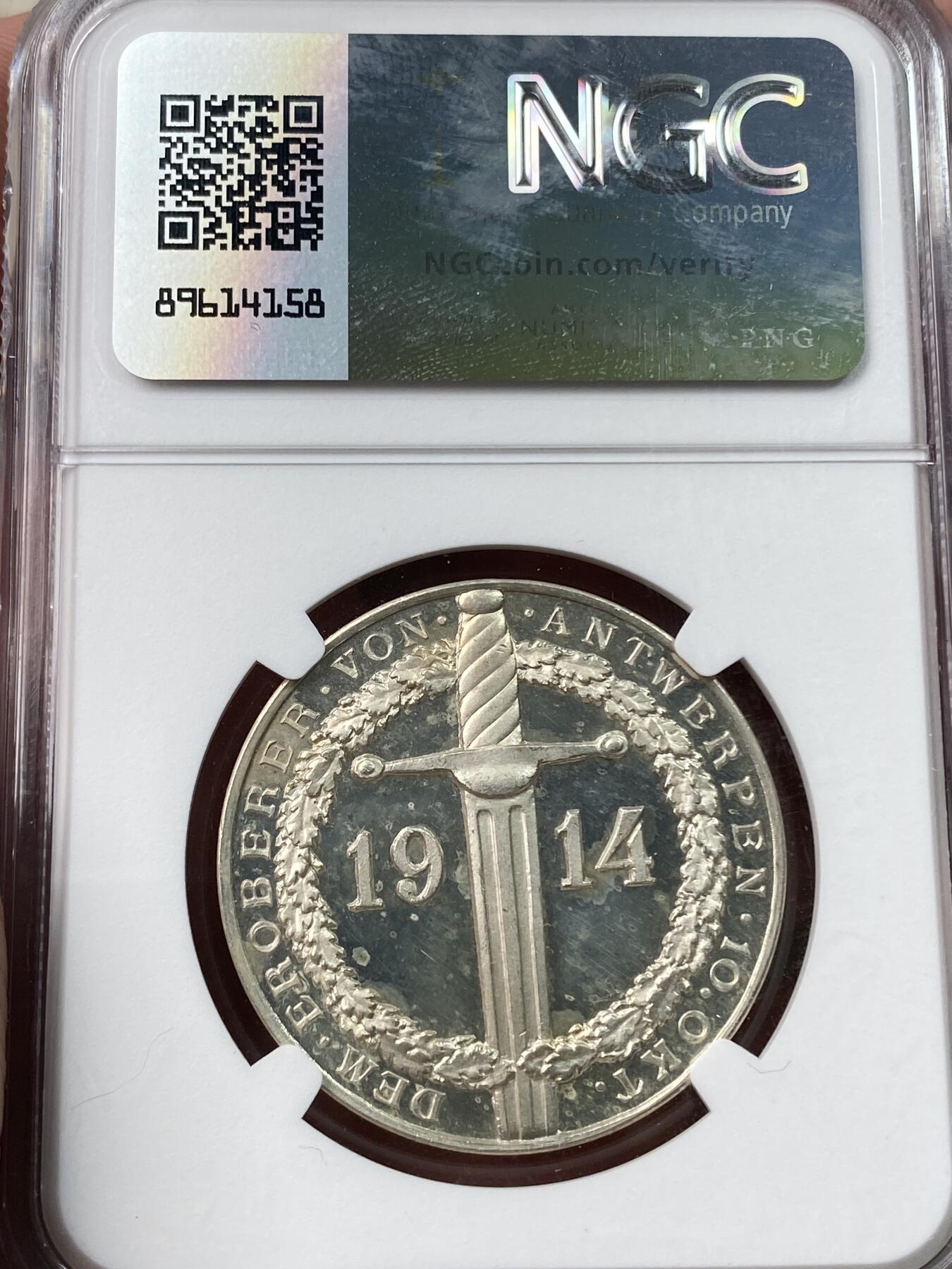 万国钱币拍卖第037期 NGC MS62 1914年德国一战名将冯·贝塞勒将占领安特卫普纪念银章 精铸镜面喷砂 疑似低评