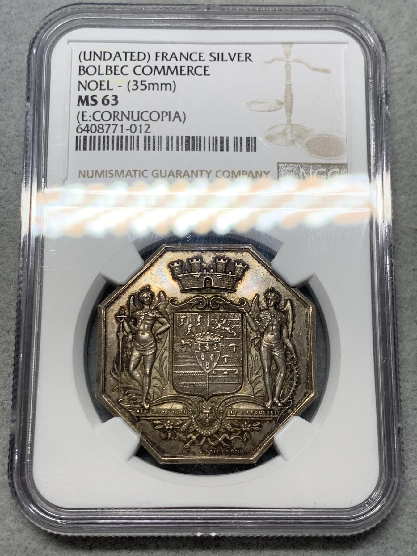 《竞宝斋》第328场 周日，周一，周二 3场连拍 （全场包邮） NGC MS63 法国Bolbec商会大八角银质代币，稀少品。俩天使一左一右守护，端庄威严。 唯一记录