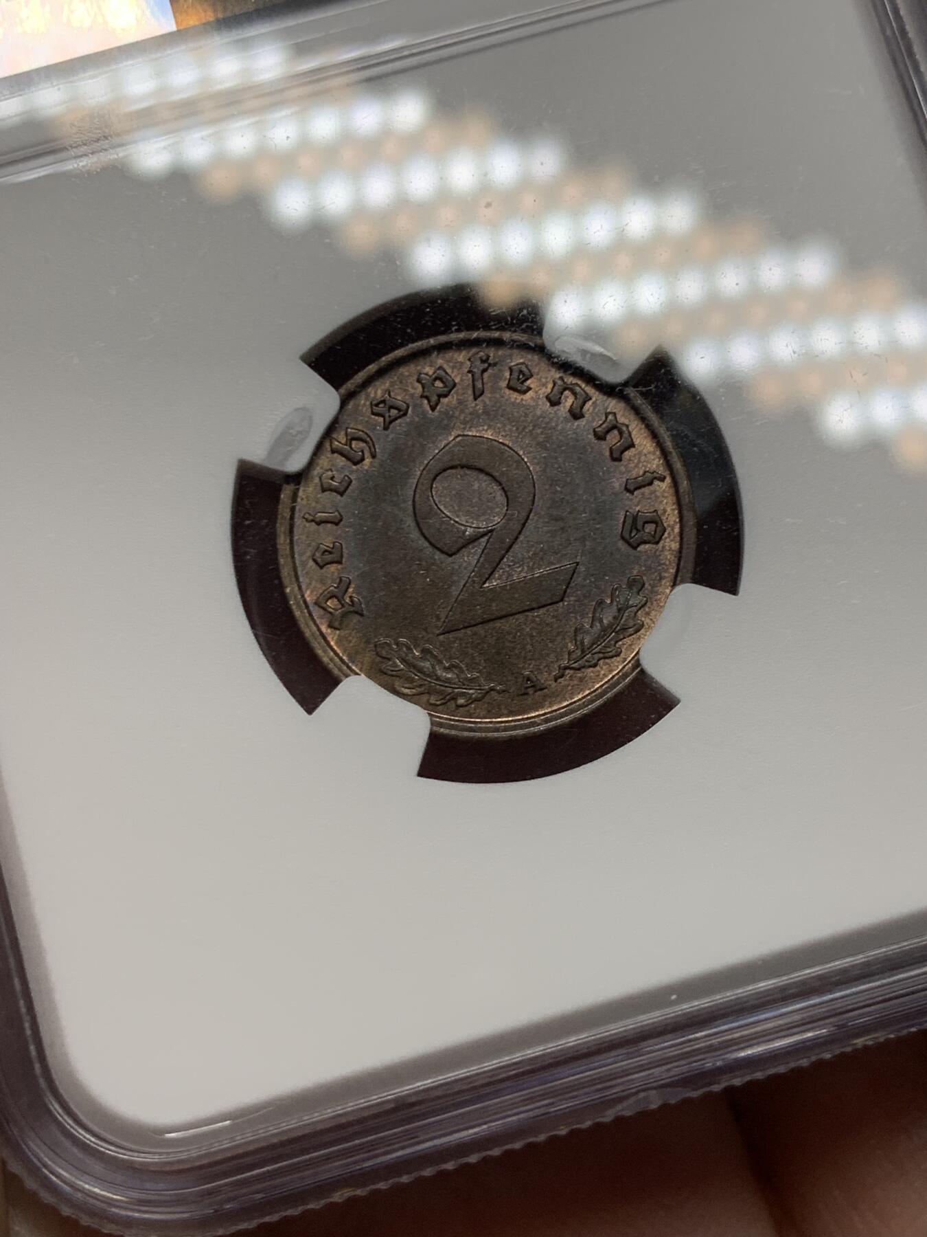 《竞宝斋》第328场 周日，周一，周二 3场连拍 （全场包邮） NGC MS63BN 1937A 帝国时期2芬尼铜币 两面转光 细节清晰 性价比高