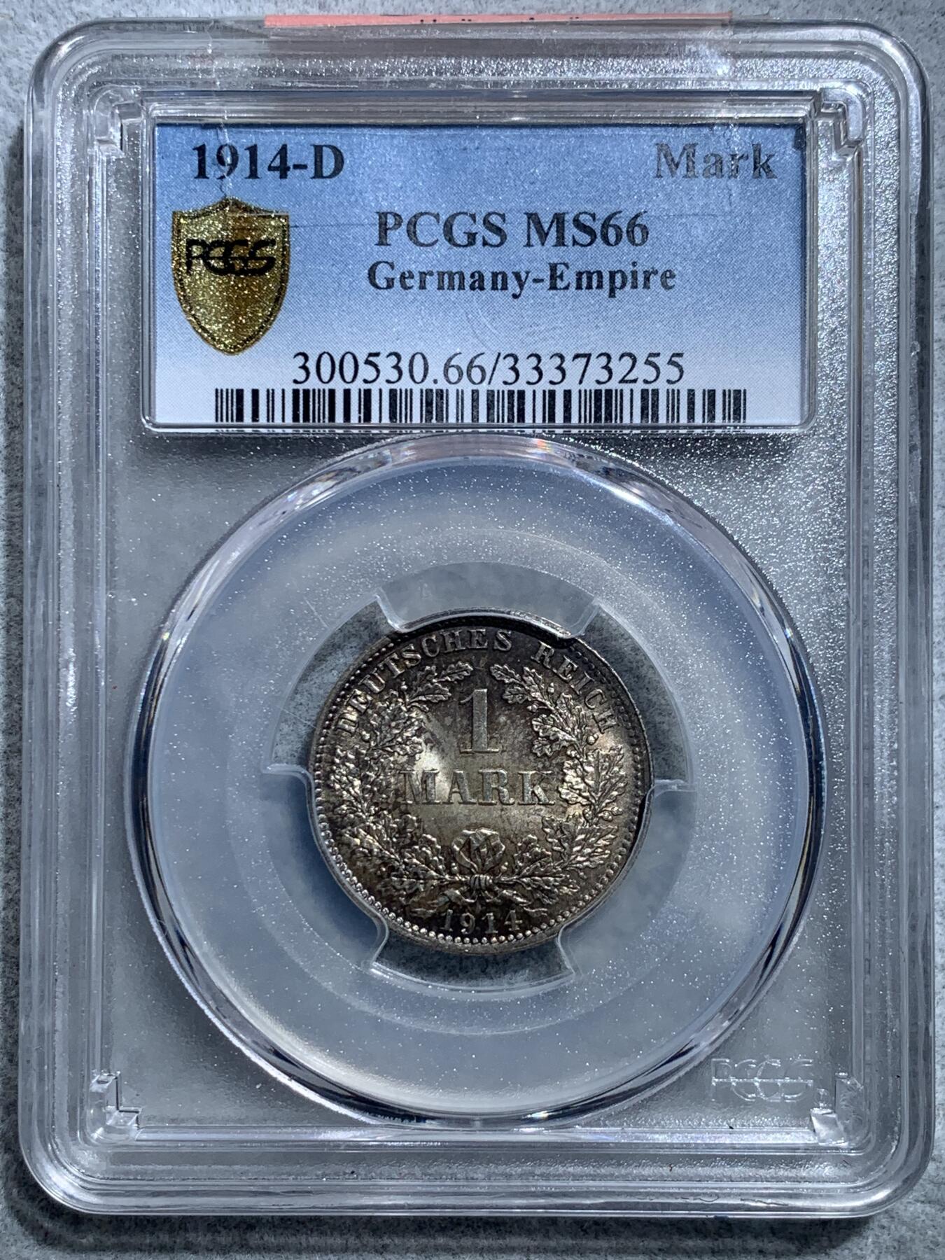 《竞宝斋》第328场 周日，周一，周二 3场连拍 （全场包邮） PCGS MS66 德国 1914年 1马克 银币 双面原味黑彩包浆，状态优秀。