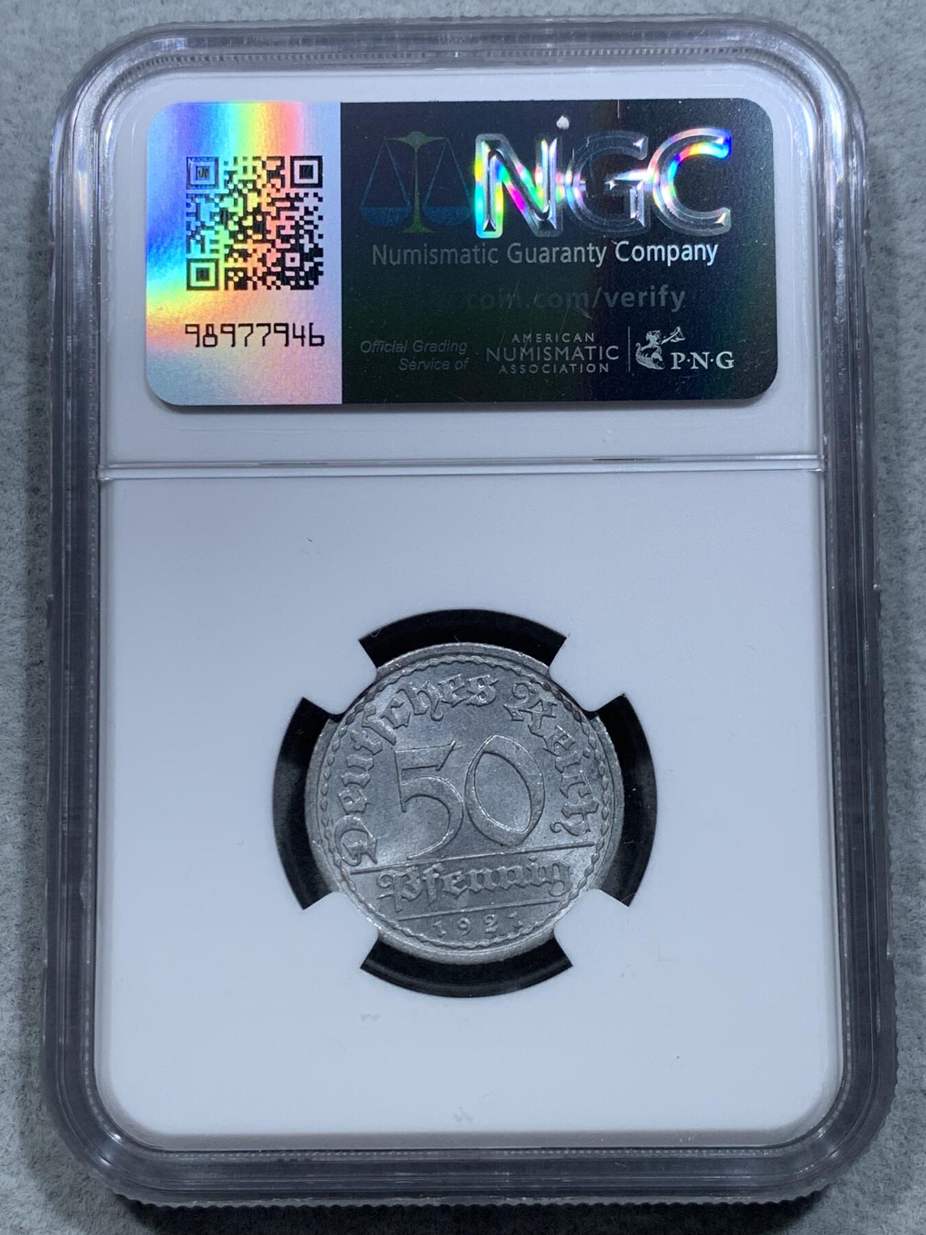 《竞宝斋》第328场 周日，周一，周二 3场连拍 （全场包邮） NGC MS64 德国1921A魏玛50芬尼铝币，第三名，更高分仅有9枚