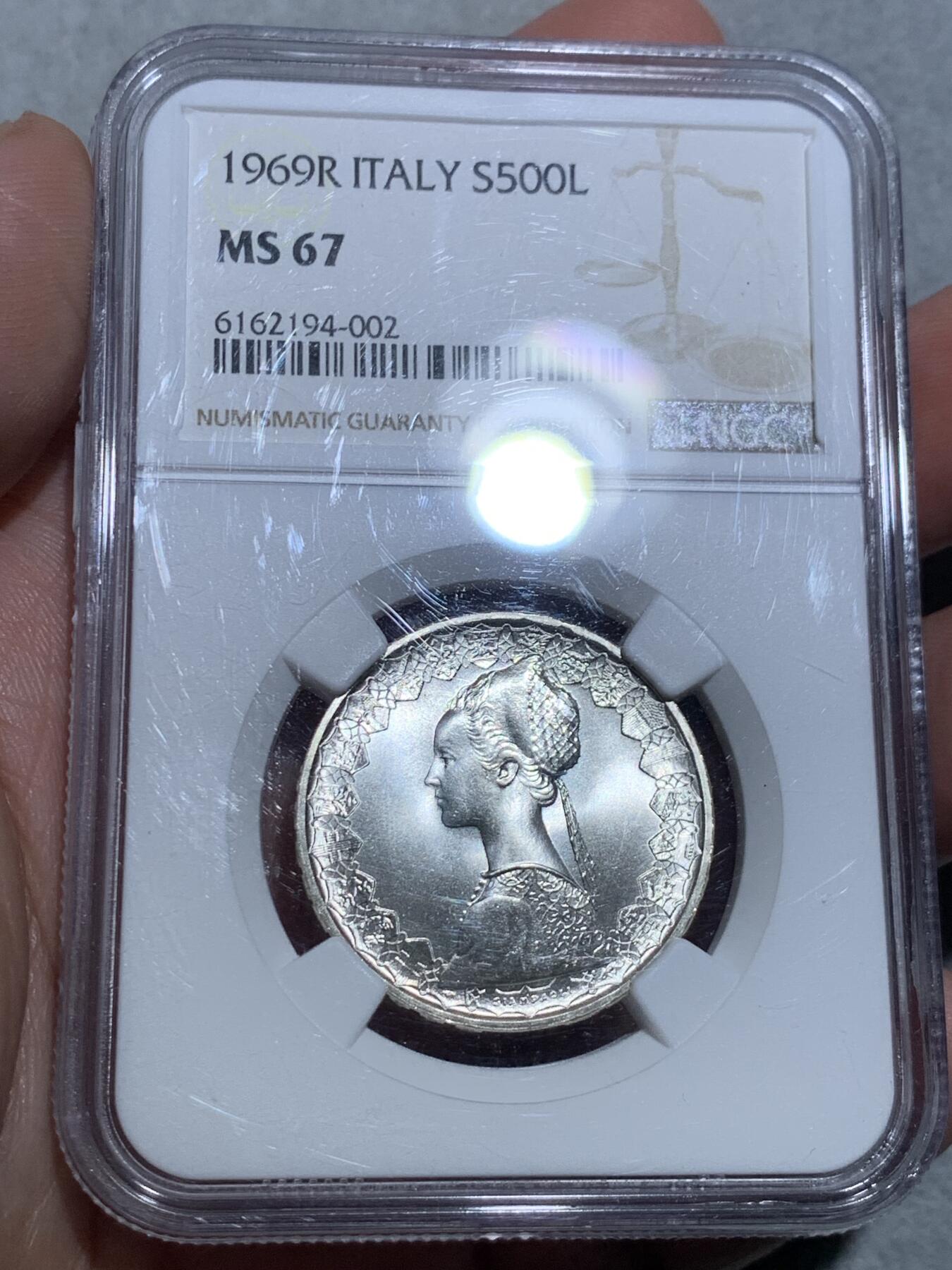 《竞宝斋》第328场 周日，周一，周二 3场连拍 （全场包邮） NGC MS67 意大利 1969年 帆船少女500里拉银币 不做介绍——67天花板分数 好状态看得见