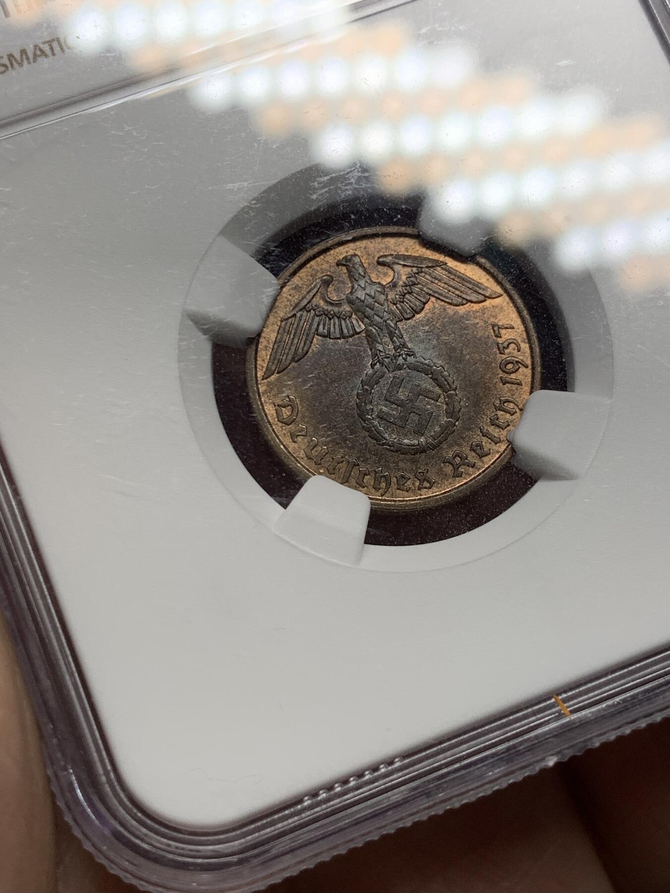 《竞宝斋》第328场 周日，周一，周二 3场连拍 （全场包邮） NGC MS63BN 1937A 帝国时期2芬尼铜币 两面转光 细节清晰 性价比高