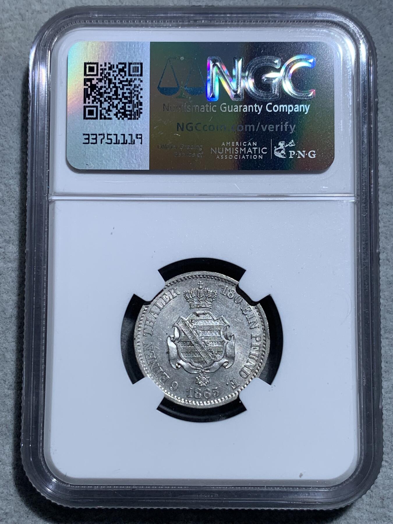 《竞宝斋》第328场 周日，周一，周二 3场连拍 （全场包邮） NGC MS62 德国萨克森1865年1/6泰勒银币