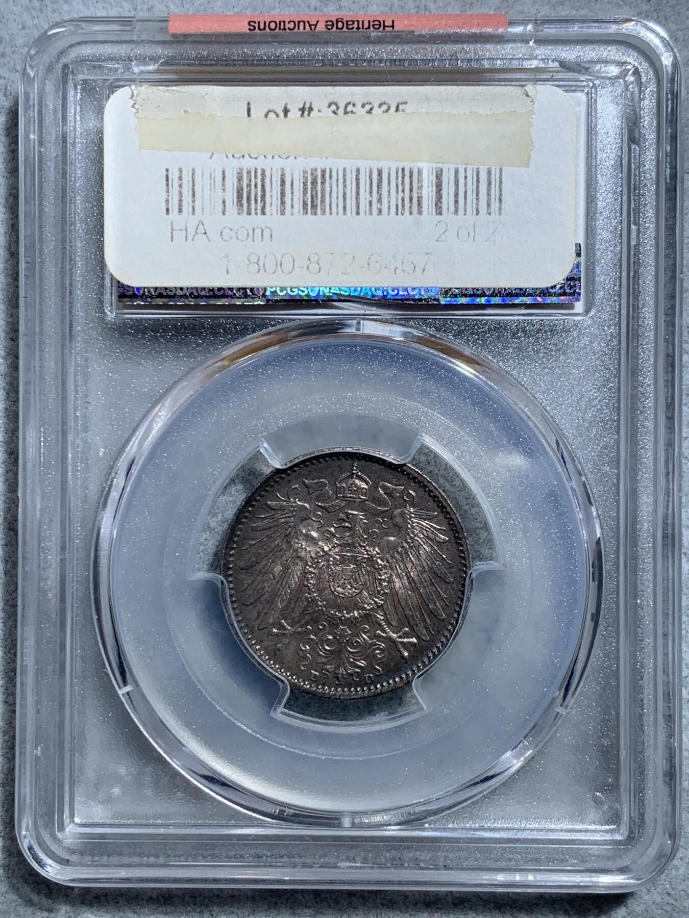 《竞宝斋》第328场 周日，周一，周二 3场连拍 （全场包邮） PCGS MS66 德国 1914年 1马克 银币 双面原味黑彩包浆，状态优秀。