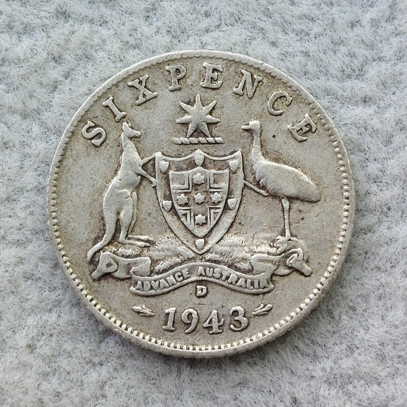 澳大利亚1943年D标乔治六世6便士银币