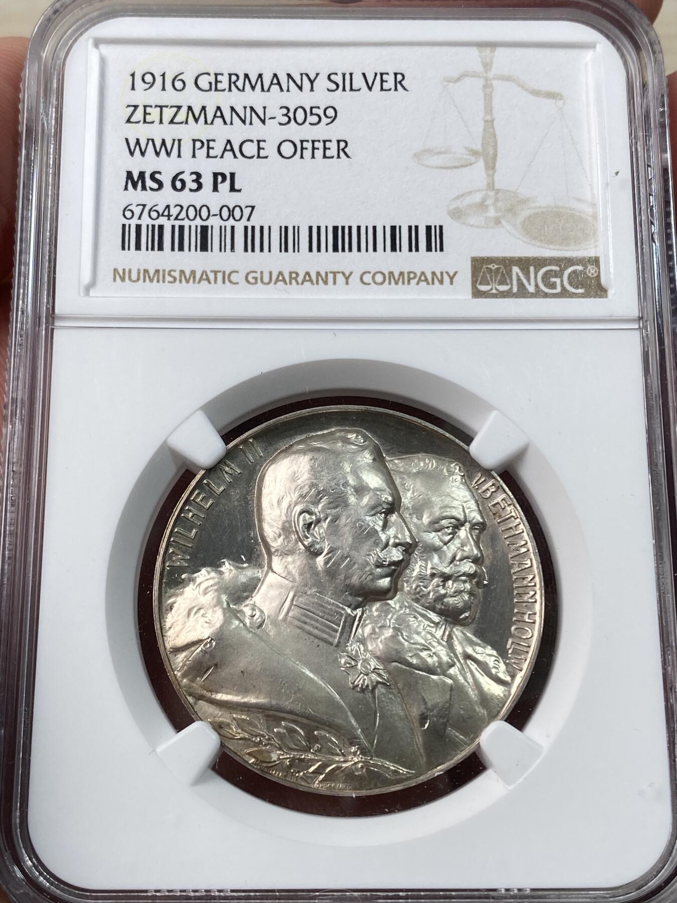 万国钱币拍卖第037期 NGC MS63PL 1916年德国威廉二世与帝国总理冯·贝特曼一战和平提议纪念大银章 皇冠帝国鹰站在利剑棕榈叶之上 罕见品种 唯一类镜面冠军分