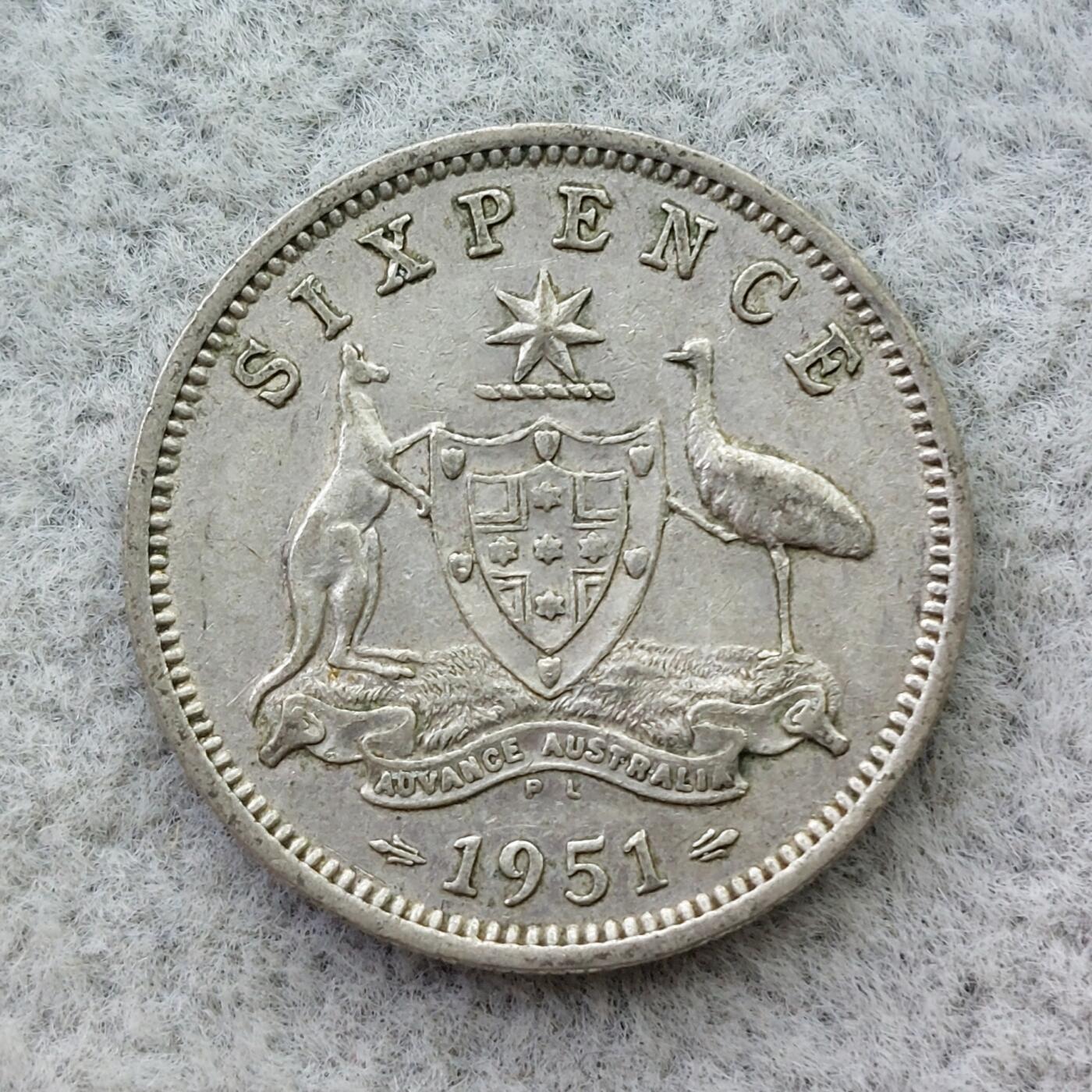 澳大利亚1951年PL标乔治六世6便士银币