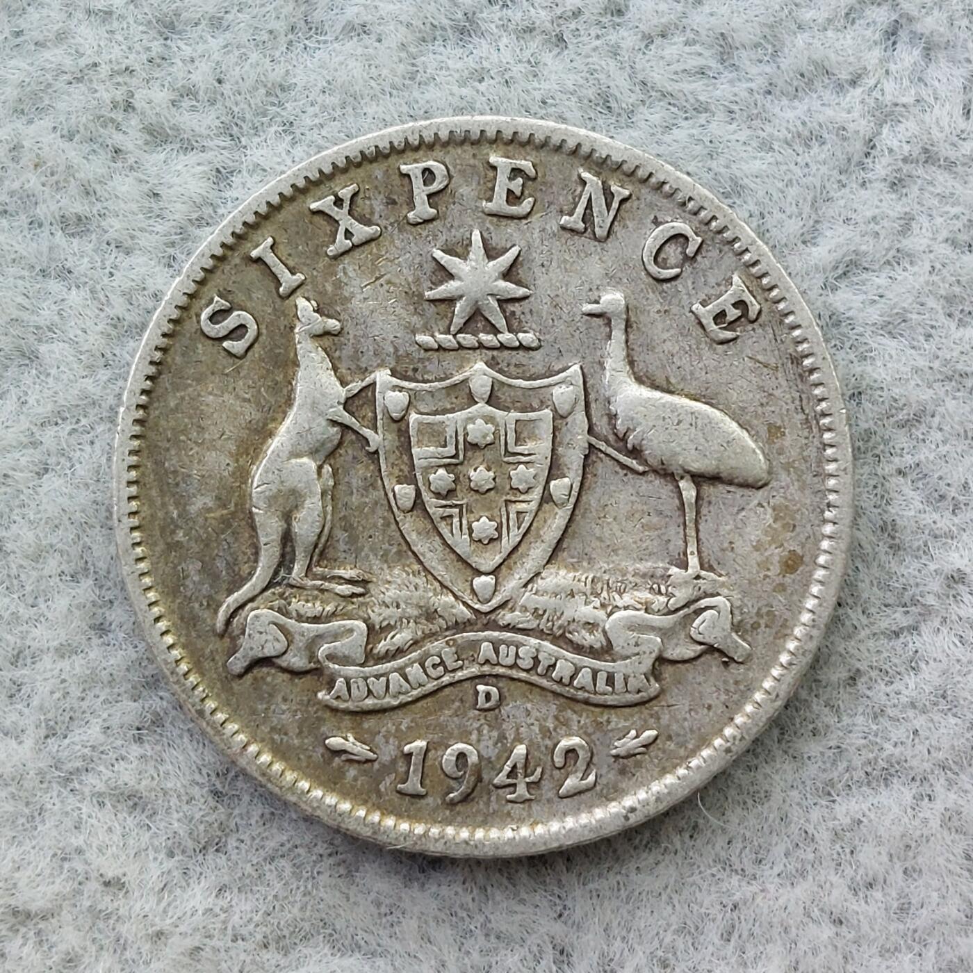 澳大利亚1942年D标乔治六世6便士银币