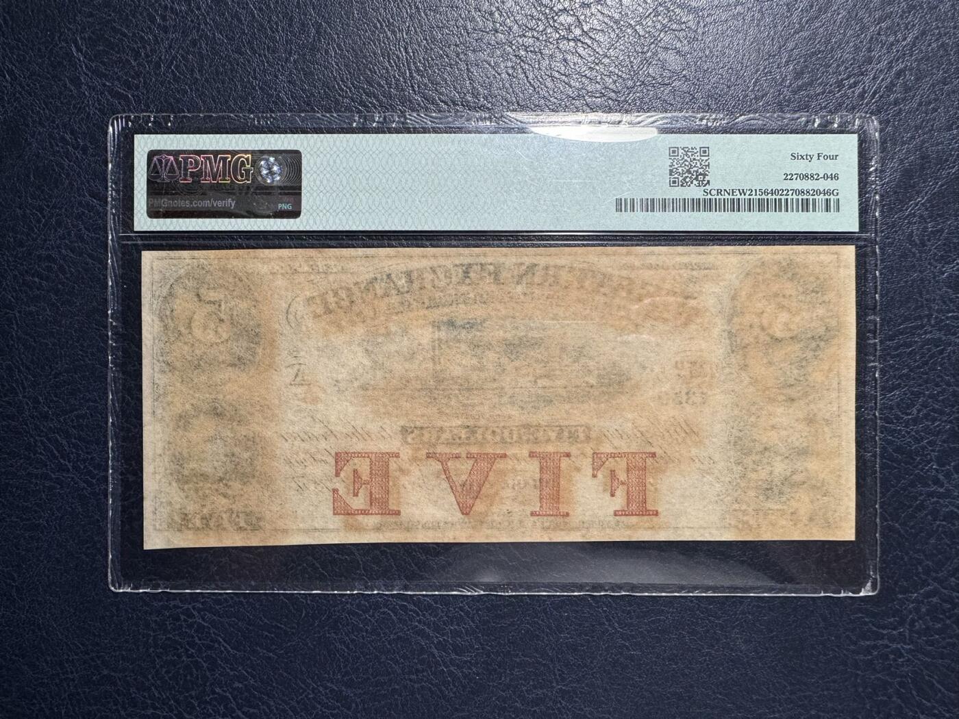 收藏联盟Quantum Auction 第393期拍卖  美国内布拉斯加州俄马哈市1857年5元  PMG64