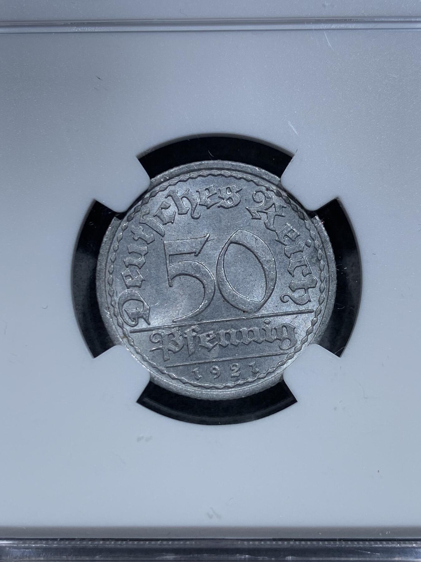 《竞宝斋》第328场 周日，周一，周二 3场连拍 （全场包邮） NGC MS64 德国1921A魏玛50芬尼铝币，第三名，更高分仅有9枚