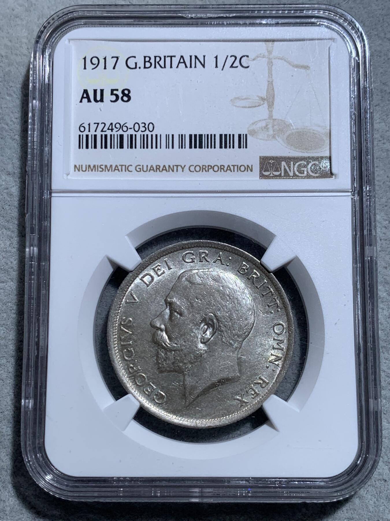 《竞宝斋》第328场 周日，周一，周二 3场连拍 （全场包邮） NGC AU58 英国1918年半克朗银币 （NGC标错1917）