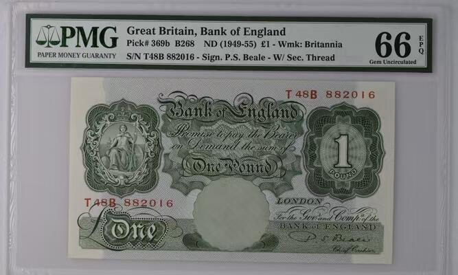 《外钞收藏家》第四百四十二期 英国 A 序列 1949-1955 年 1 磅，P.S.Beale 签名，PMG66 分，亚军分