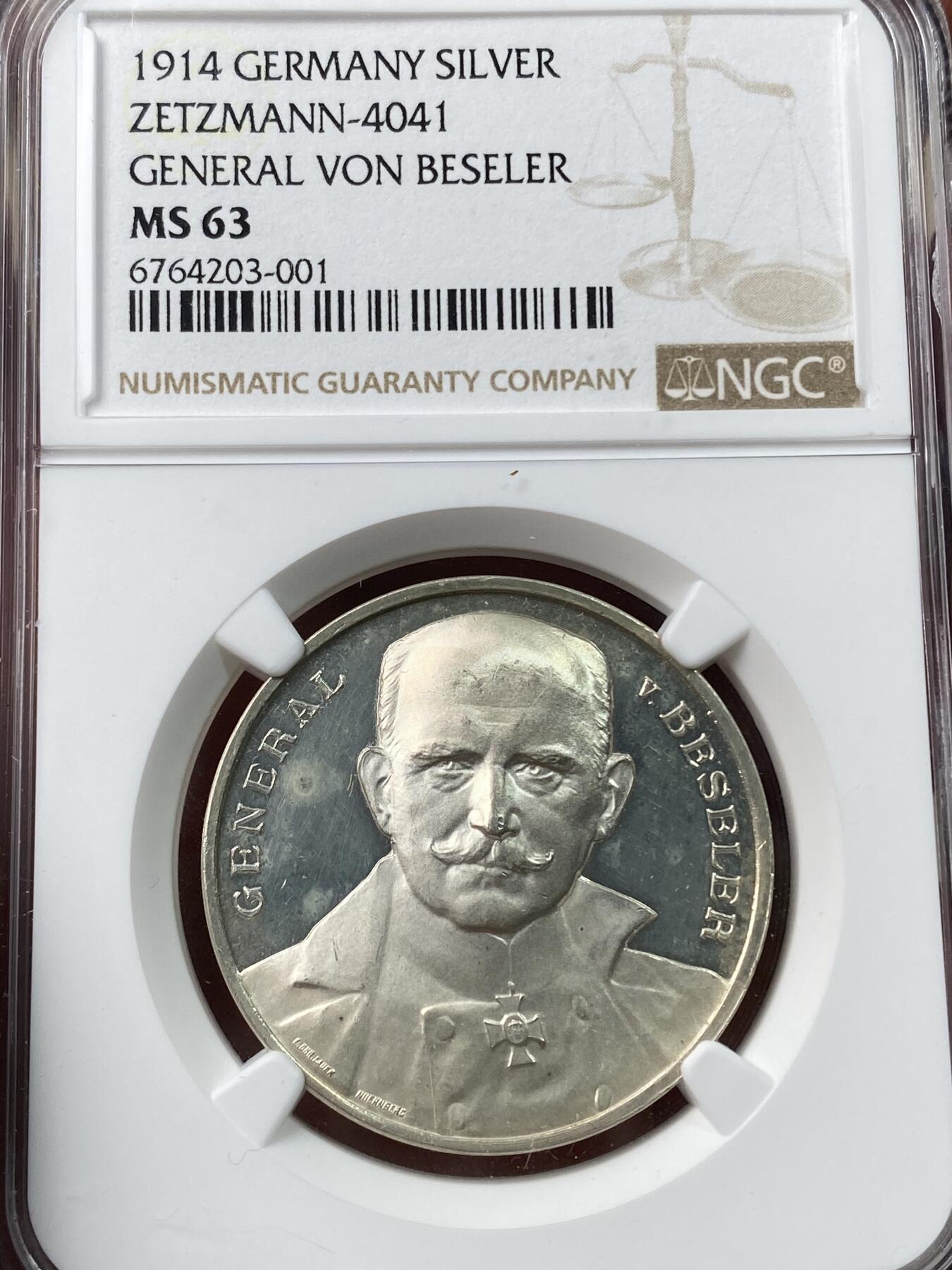 万国钱币拍卖第037期 NGC MS62 1914年德国一战名将冯·贝塞勒将占领安特卫普纪念银章 精铸镜面喷砂 疑似低评