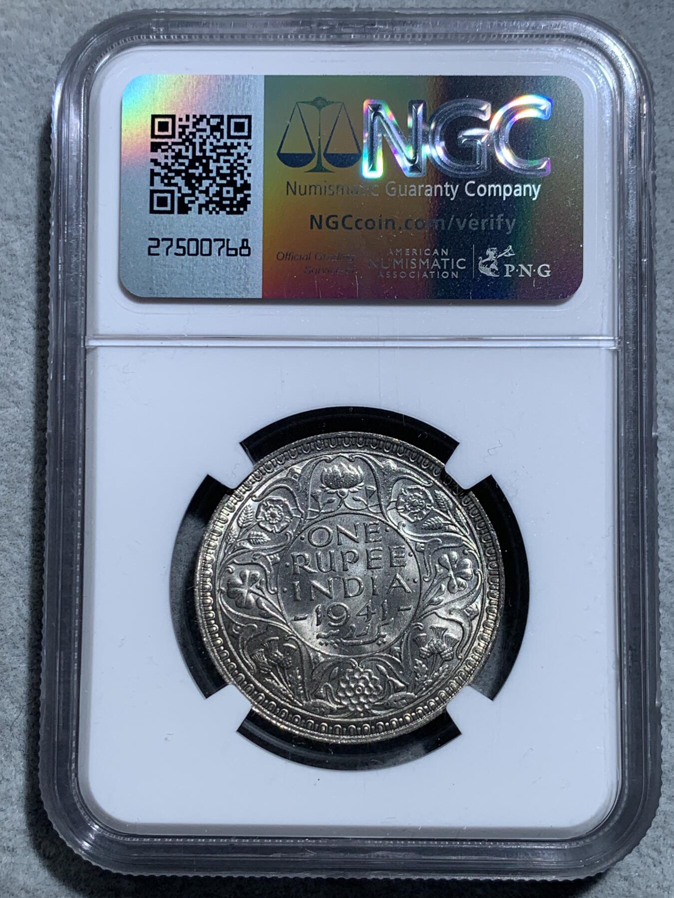《竞宝斋》第328场 周日，周一，周二 3场连拍 （全场包邮） NGC MS62 英属印度1941年1卢比银币B版 乔治六世 原光卷拆转光品相 早期窄边
