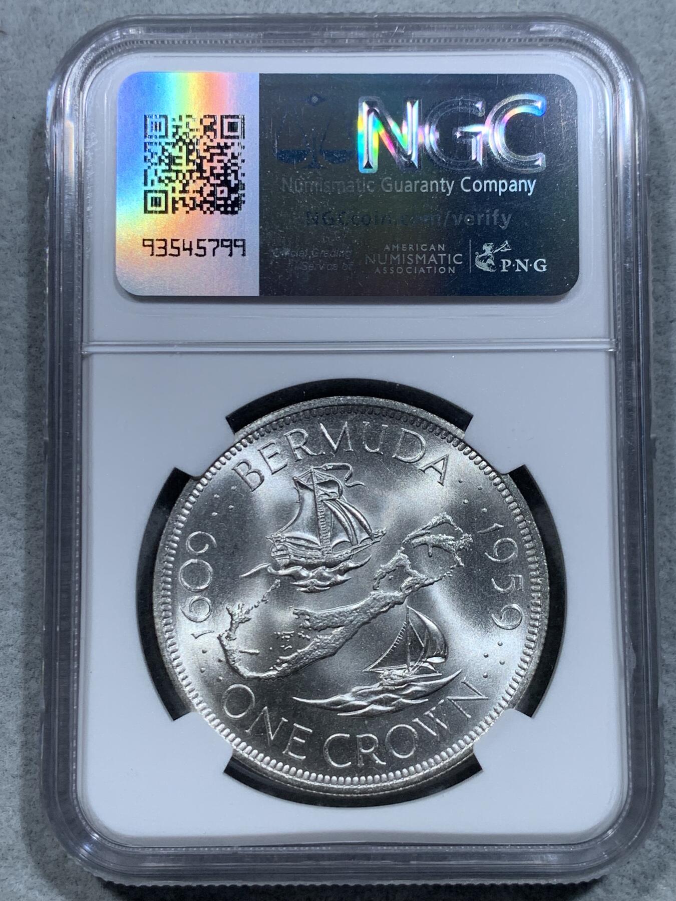 《竞宝斋》第328场 周日，周一，周二 3场连拍 （全场包邮） NGC MS67 英属百慕大群岛1959年伊丽莎白二世1克朗纪念银币，自治的英国海外领地独立发行的首枚钱币。币面清爽干净，状态一流，顶级高分。