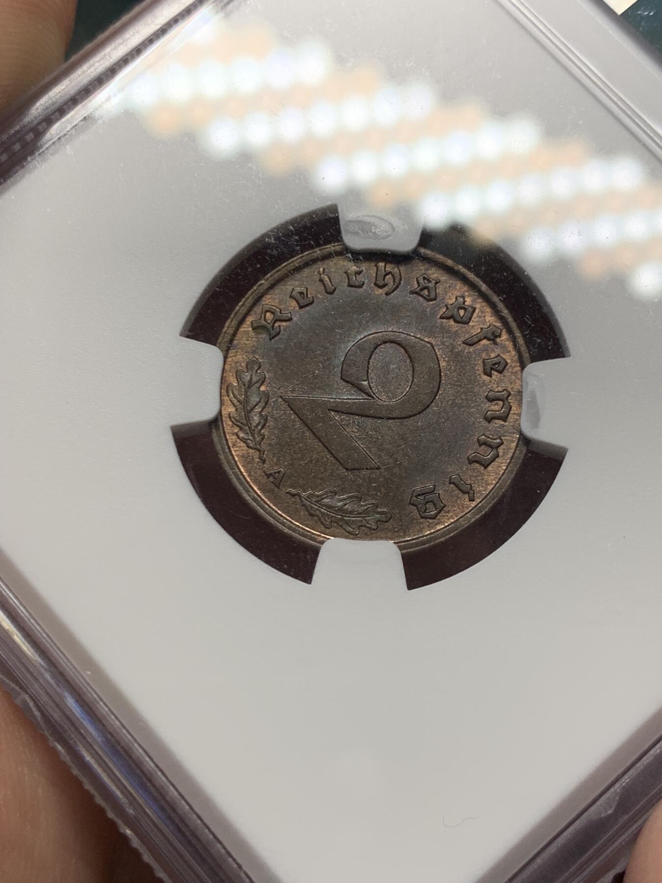《竞宝斋》第328场 周日，周一，周二 3场连拍 （全场包邮） NGC MS63BN 1937A 帝国时期2芬尼铜币 两面转光 细节清晰 性价比高