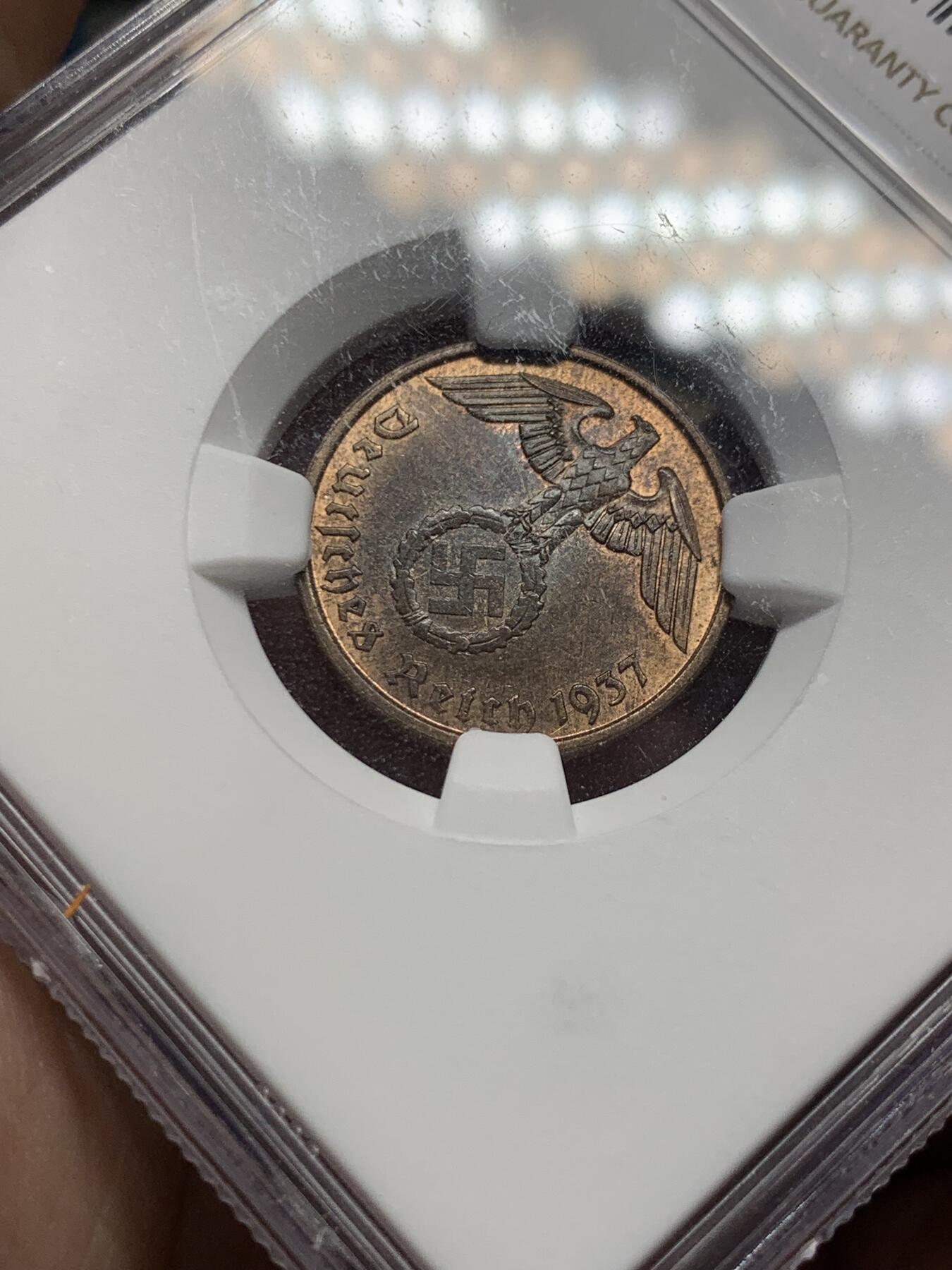 《竞宝斋》第328场 周日，周一，周二 3场连拍 （全场包邮） NGC MS63BN 1937A 帝国时期2芬尼铜币 两面转光 细节清晰 性价比高