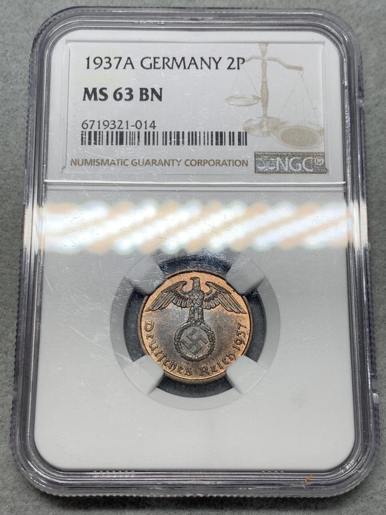 《竞宝斋》第328场 周日，周一，周二 3场连拍 （全场包邮） NGC MS63BN 1937A 帝国时期2芬尼铜币 两面转光 细节清晰 性价比高