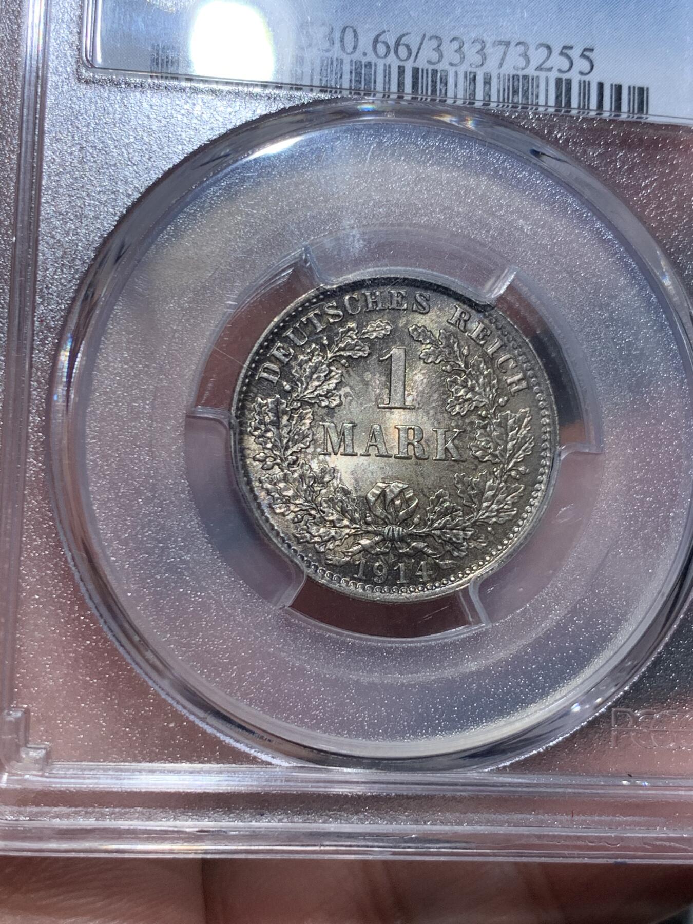 《竞宝斋》第328场 周日，周一，周二 3场连拍 （全场包邮） PCGS MS66 德国 1914年 1马克 银币 双面原味黑彩包浆，状态优秀。