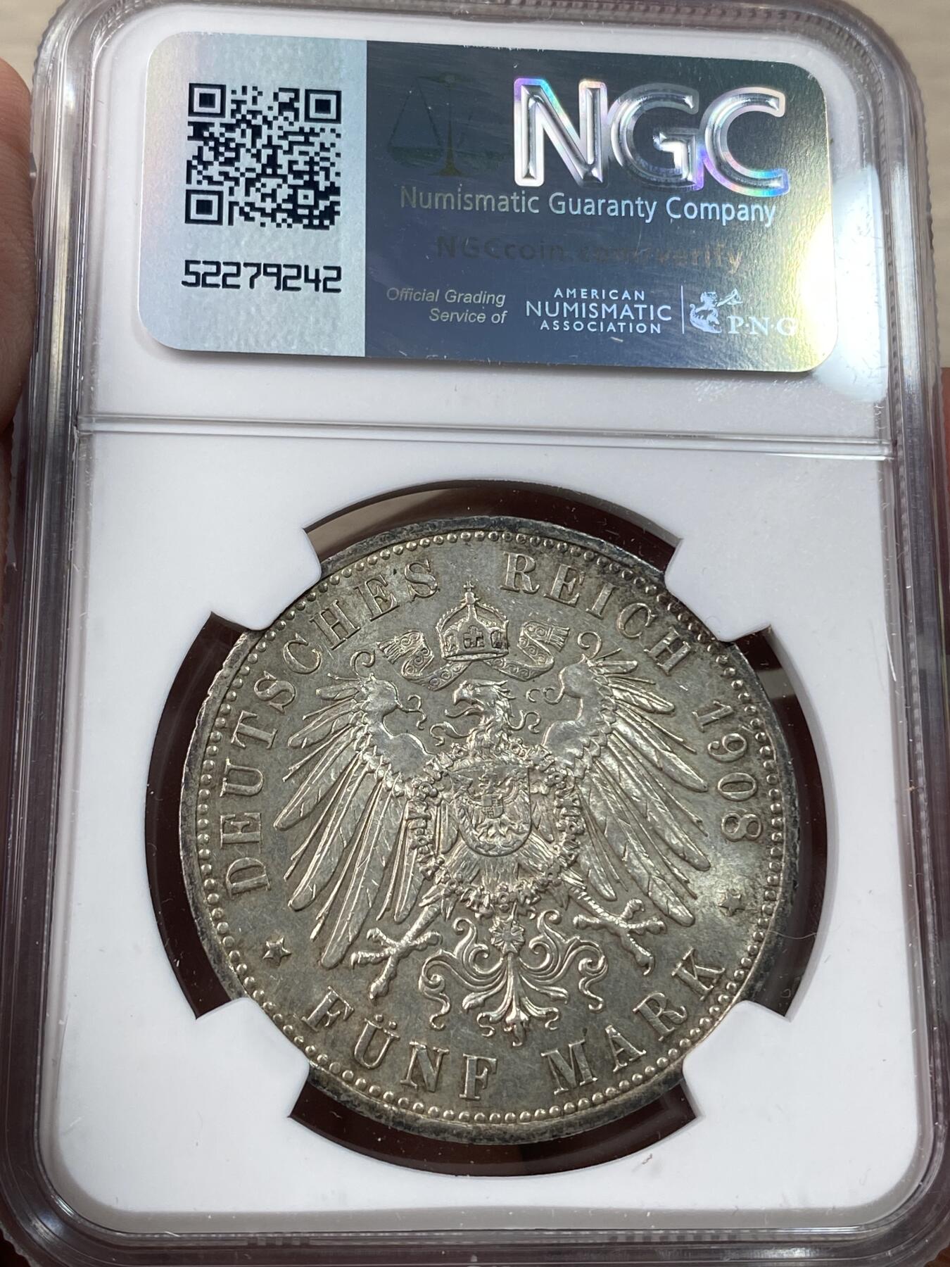 万国钱币拍卖第037期 NGC AU58 1908年德国普鲁士威廉二世长翅流通5马克 流通极广品种 难得好品