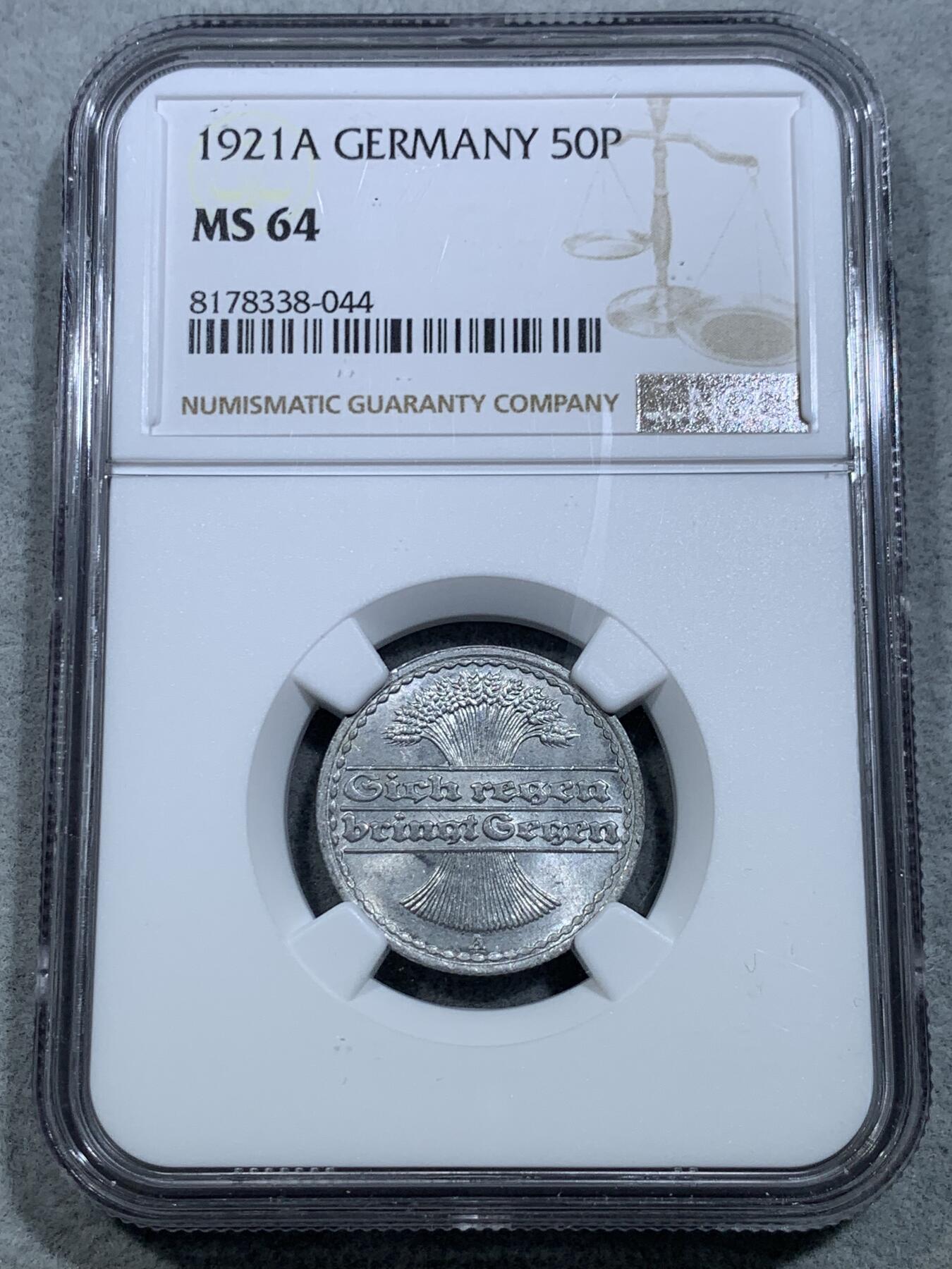 《竞宝斋》第328场 周日，周一，周二 3场连拍 （全场包邮） NGC MS64 德国1921A魏玛50芬尼铝币，第三名，更高分仅有9枚