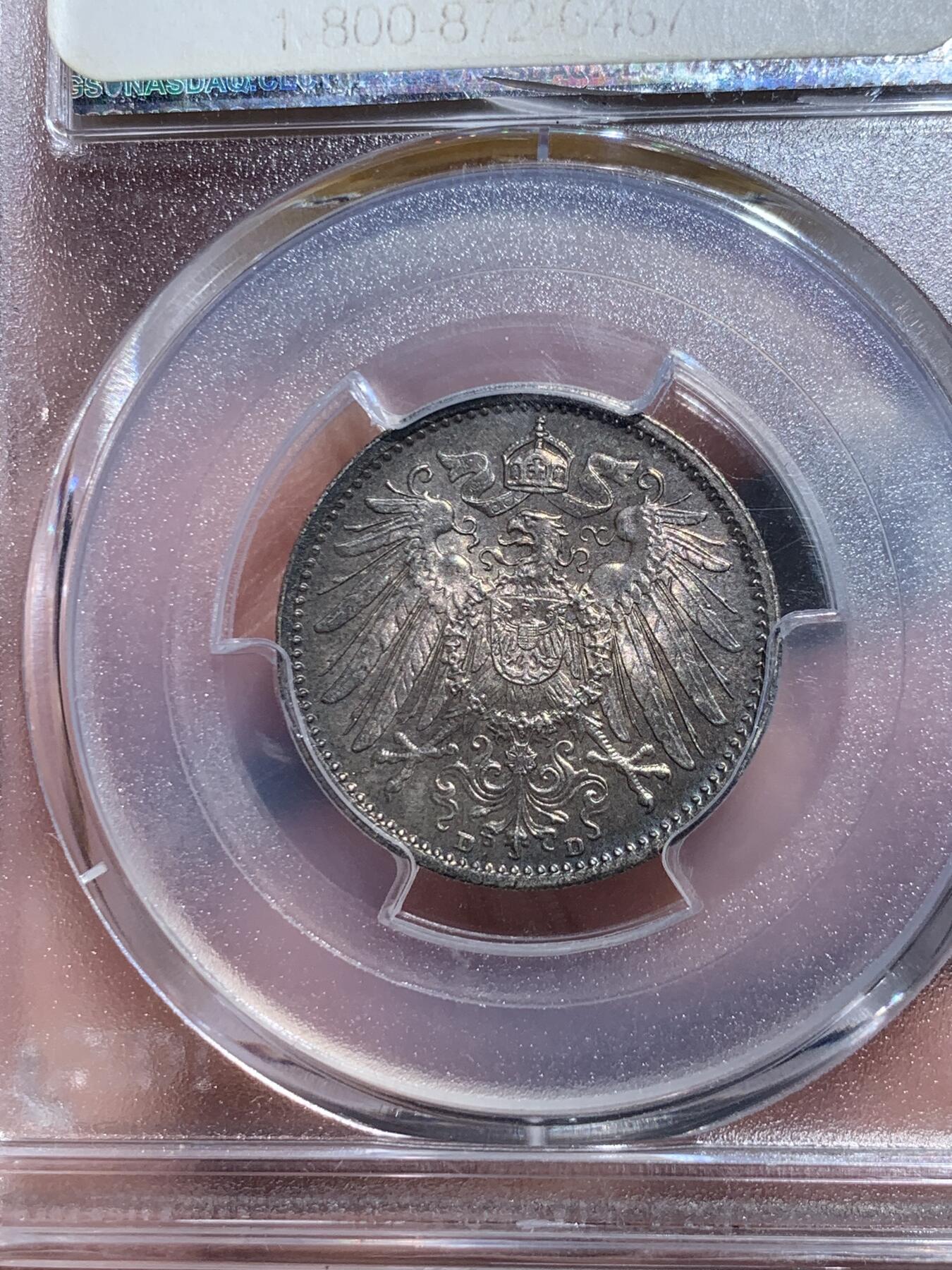 《竞宝斋》第328场 周日，周一，周二 3场连拍 （全场包邮） PCGS MS66 德国 1914年 1马克 银币 双面原味黑彩包浆，状态优秀。