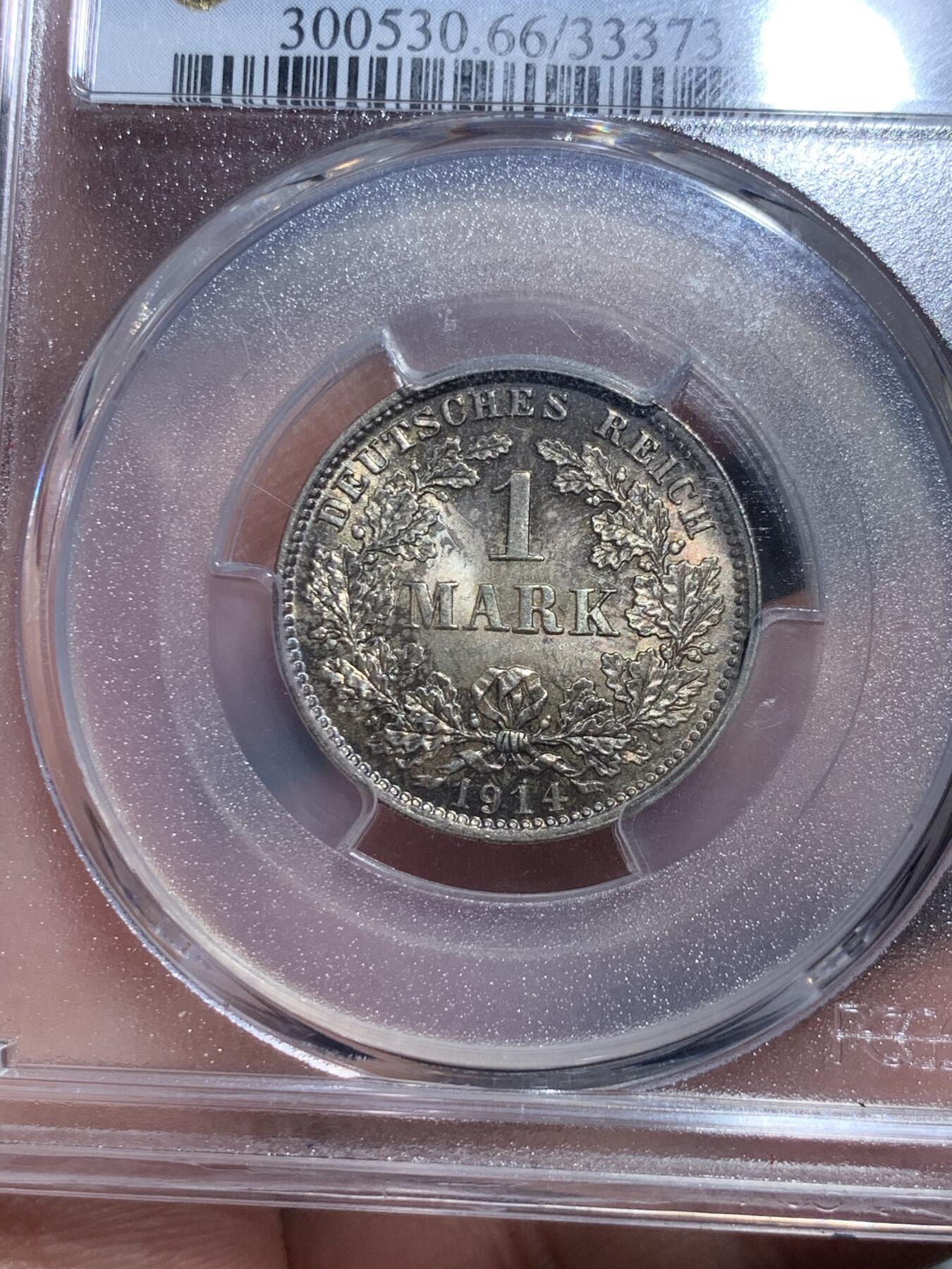 《竞宝斋》第328场 周日，周一，周二 3场连拍 （全场包邮） PCGS MS66 德国 1914年 1马克 银币 双面原味黑彩包浆，状态优秀。