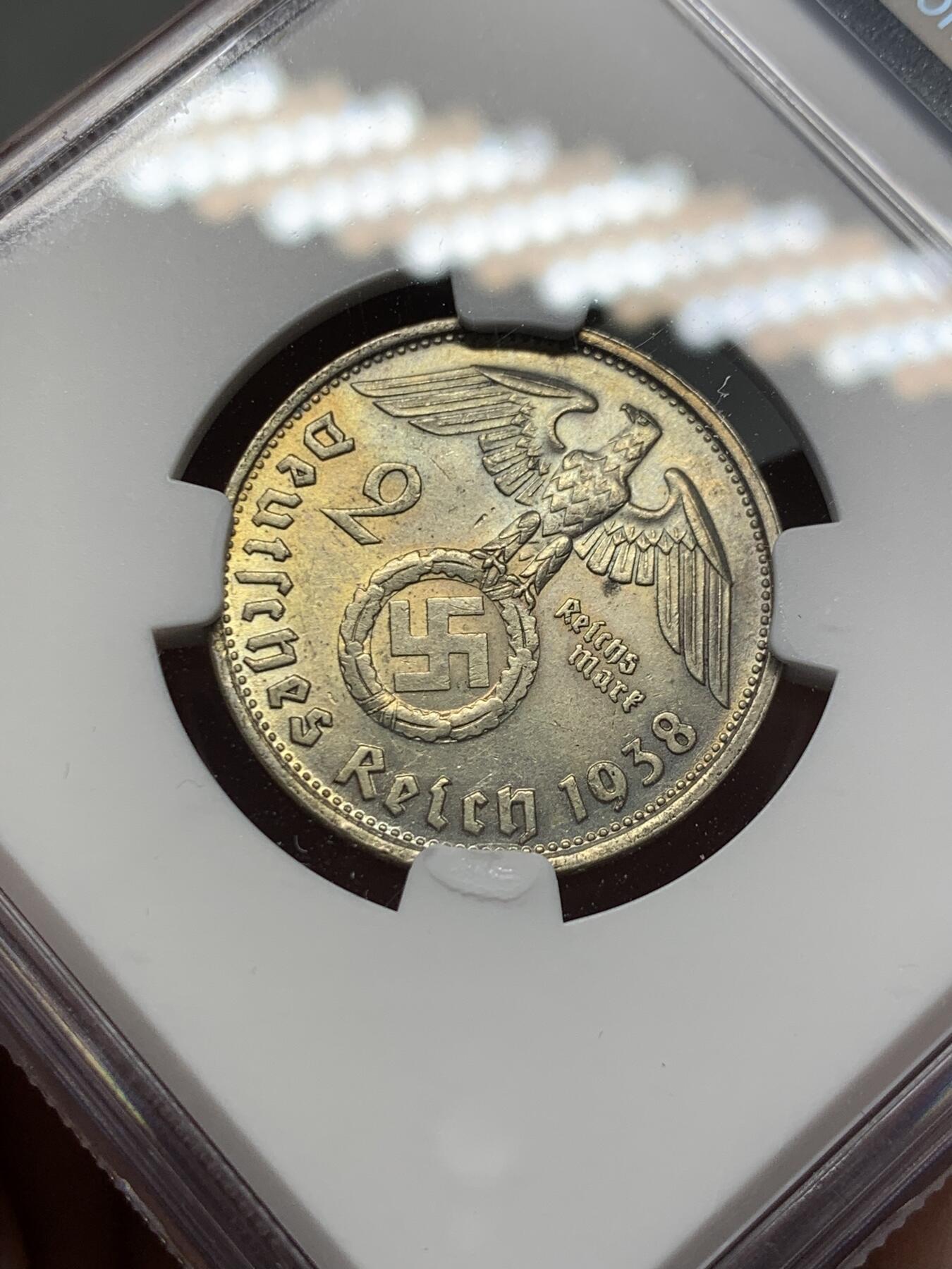 《竞宝斋》第328场 周日，周一，周二 3场连拍 （全场包邮） NGC MS62 德国 1938年B版 兴登堡2马克银币