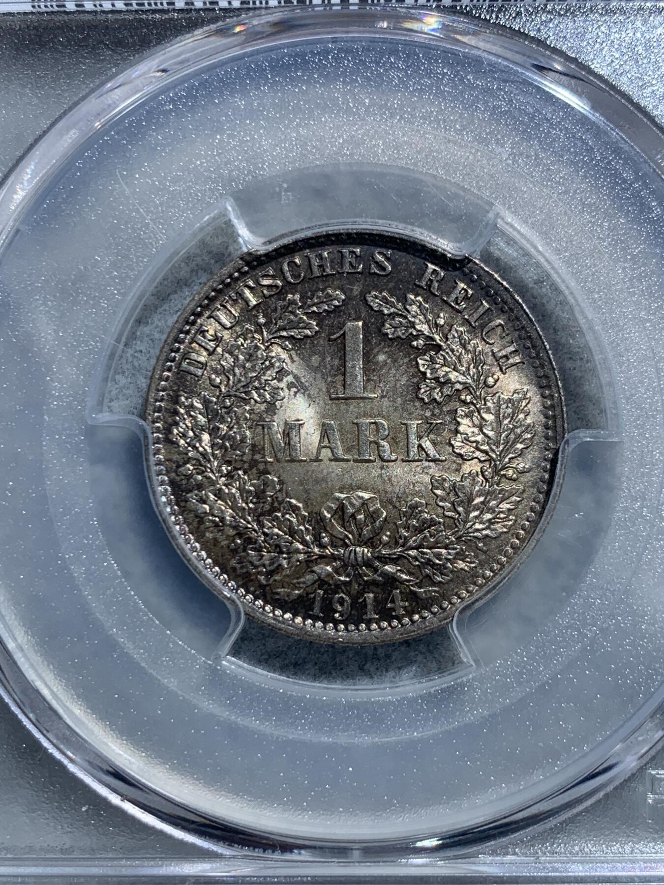 《竞宝斋》第328场 周日，周一，周二 3场连拍 （全场包邮） PCGS MS66 德国 1914年 1马克 银币 双面原味黑彩包浆，状态优秀。