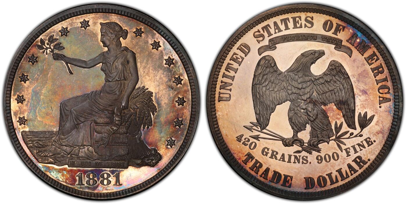 博洋堂“瑰宝之夜”第100期盛典专场（全场顺丰包邮） PCGS PR64 美国1881年精制拿花，D.L.汉森旧藏PC专属标签，关于D.L.汉森系列收藏见附图。1881精制拿花仅仅铸造了960枚，除了大珍1884和1885，在后铸精制拿花铸造量是第三少。此枚精制拿花五彩包浆深度镜面状态一流，此枚大概率低评加分可能性很大