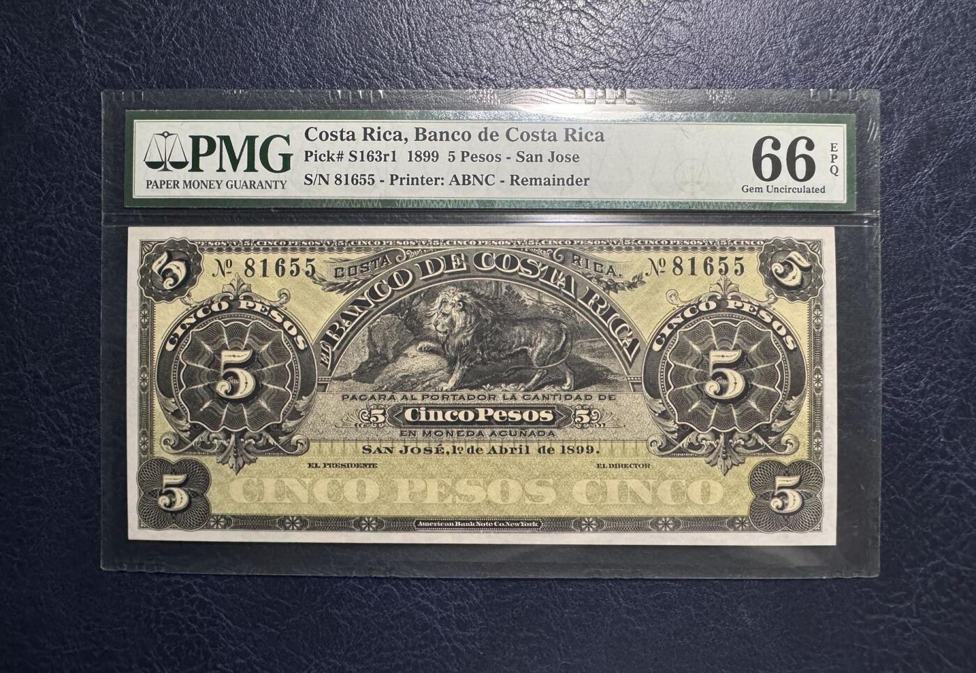 收藏联盟Quantum Auction 第393期拍卖  哥斯达黎加1899年5比索 PMG66 号码无347