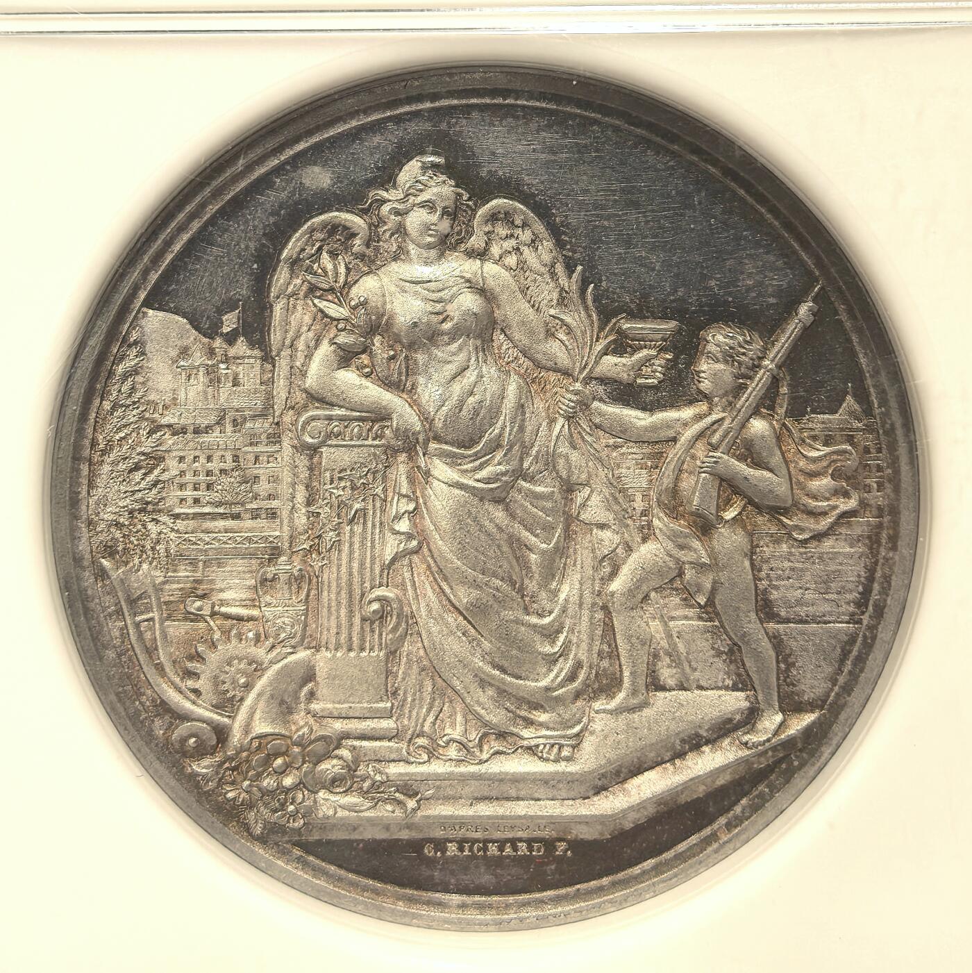 博洋堂“瑰宝之夜”第100期盛典专场（全场顺丰包邮） NGC MS63 瑞士日内瓦1882年射击节银章，直径43mm，女神、天使，稀少品种，镜面底板，状态难得