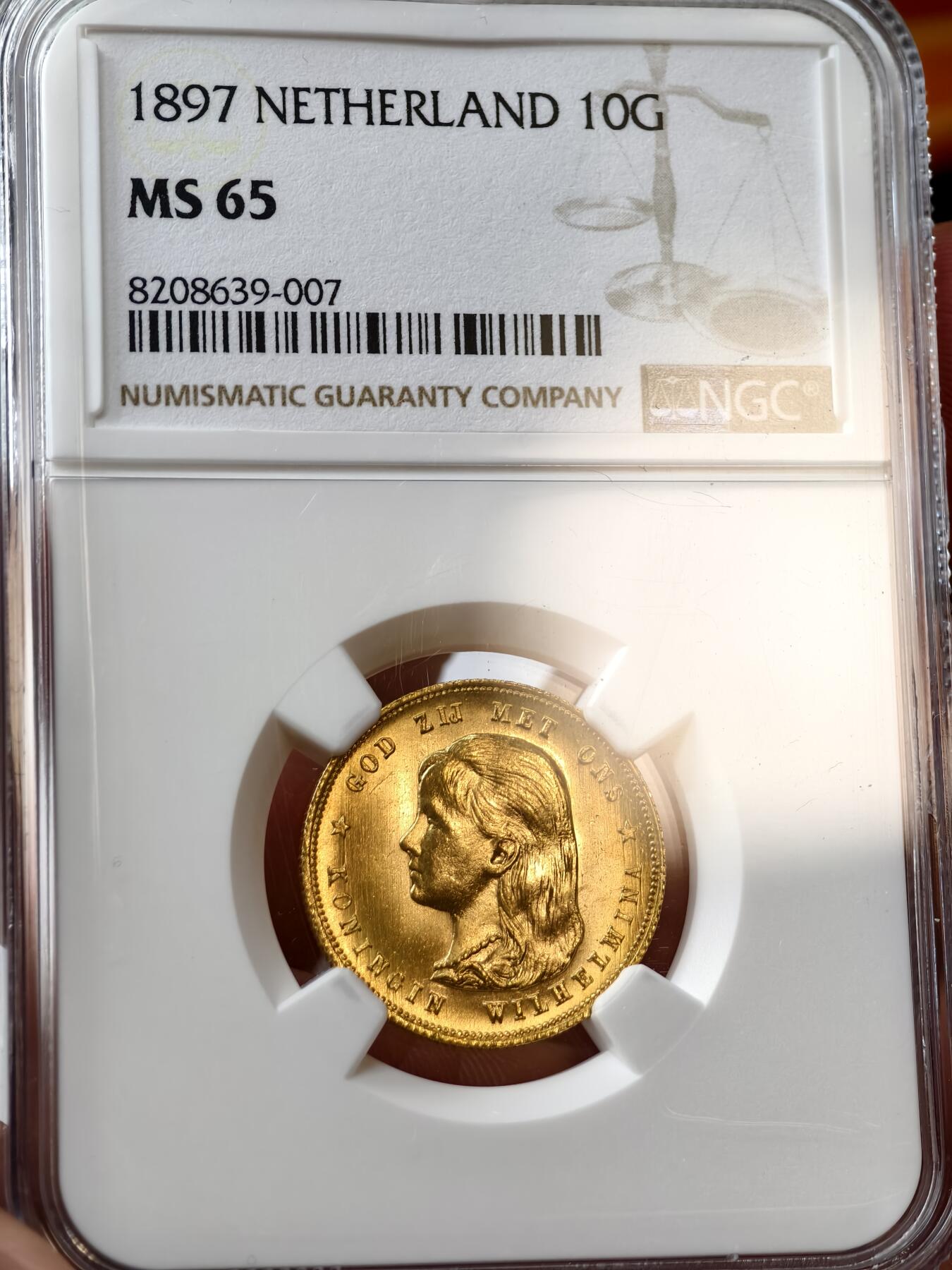 MGC-MS65荷兰1897年威廉明娜女王10盾金币金萝莉萝莉金