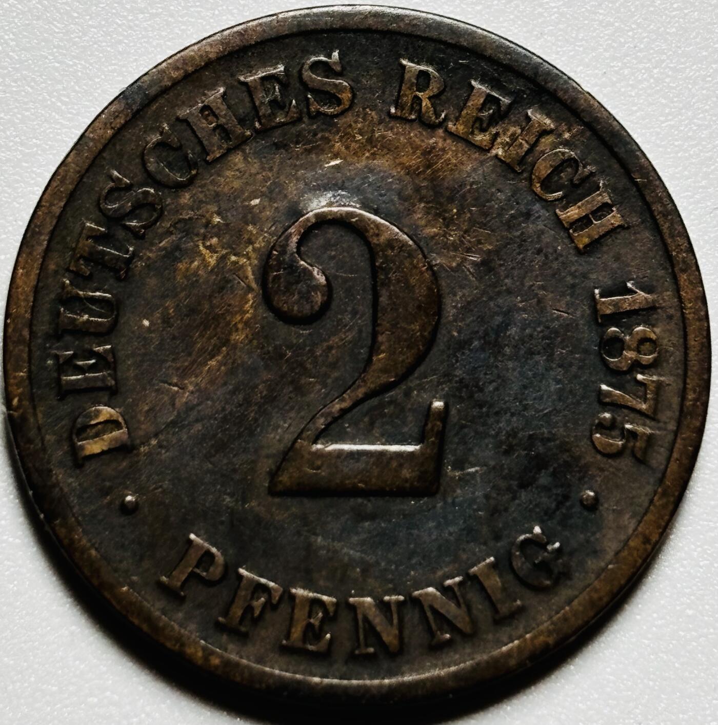文馨钱币收藏第187 场 好品 1875 年德国 2 芬尼铜币，鹰毛，皇冠清晰可见