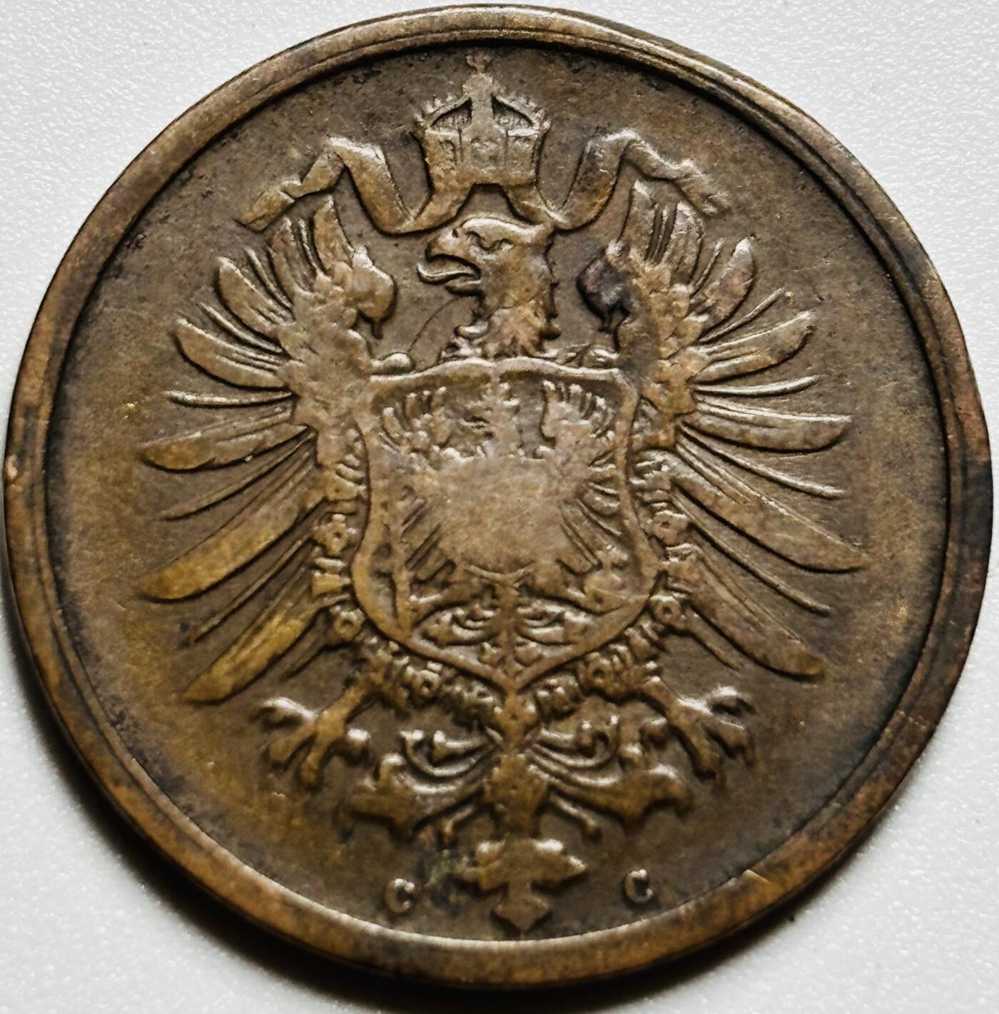 文馨钱币收藏第187 场 好品 1875 年德国 2 芬尼铜币，鹰毛，皇冠清晰可见