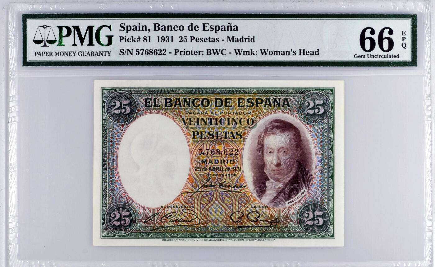 【Blue Auction】✨世界纸币精拍第582期【精】 西班牙 1931年25比塞塔 PMG66EPQ 小天使