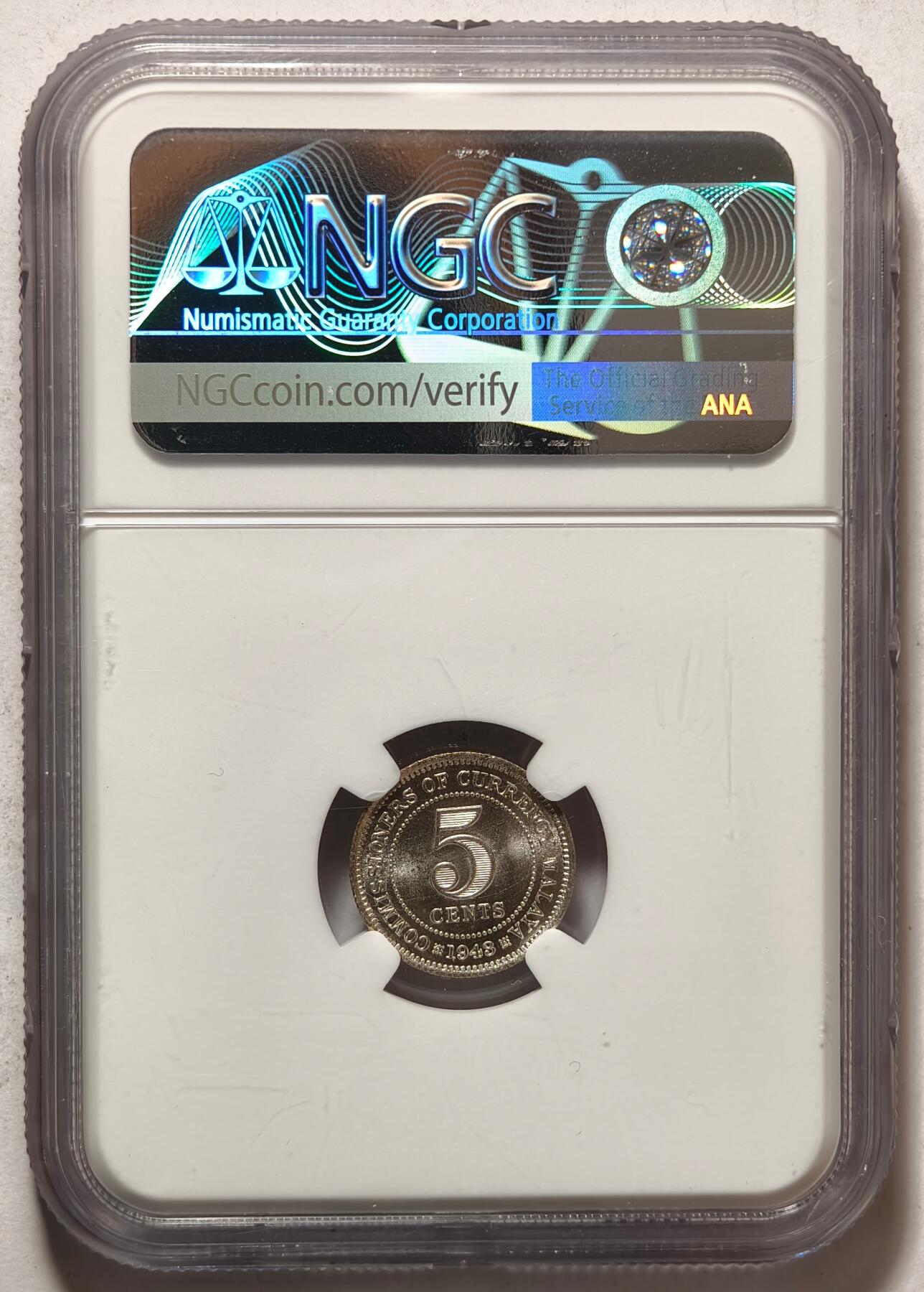 紫瑗钱币——第462期 马来亚 1943年 乔治六世 5分 银币 NGC MS64