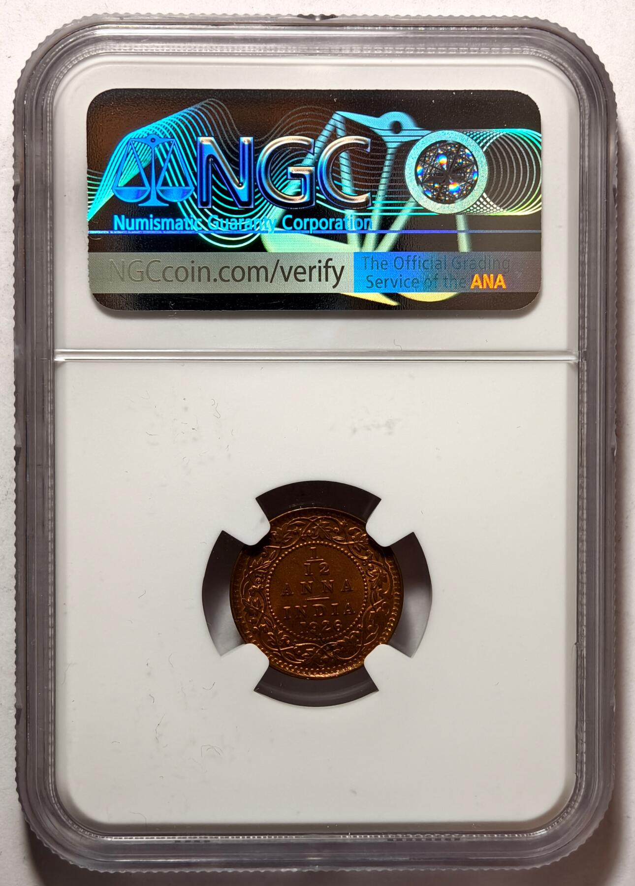 紫瑗钱币——第462期 英属印度 1926年 B版 乔治五世 1/12安娜 铜币 NGC MS65RB