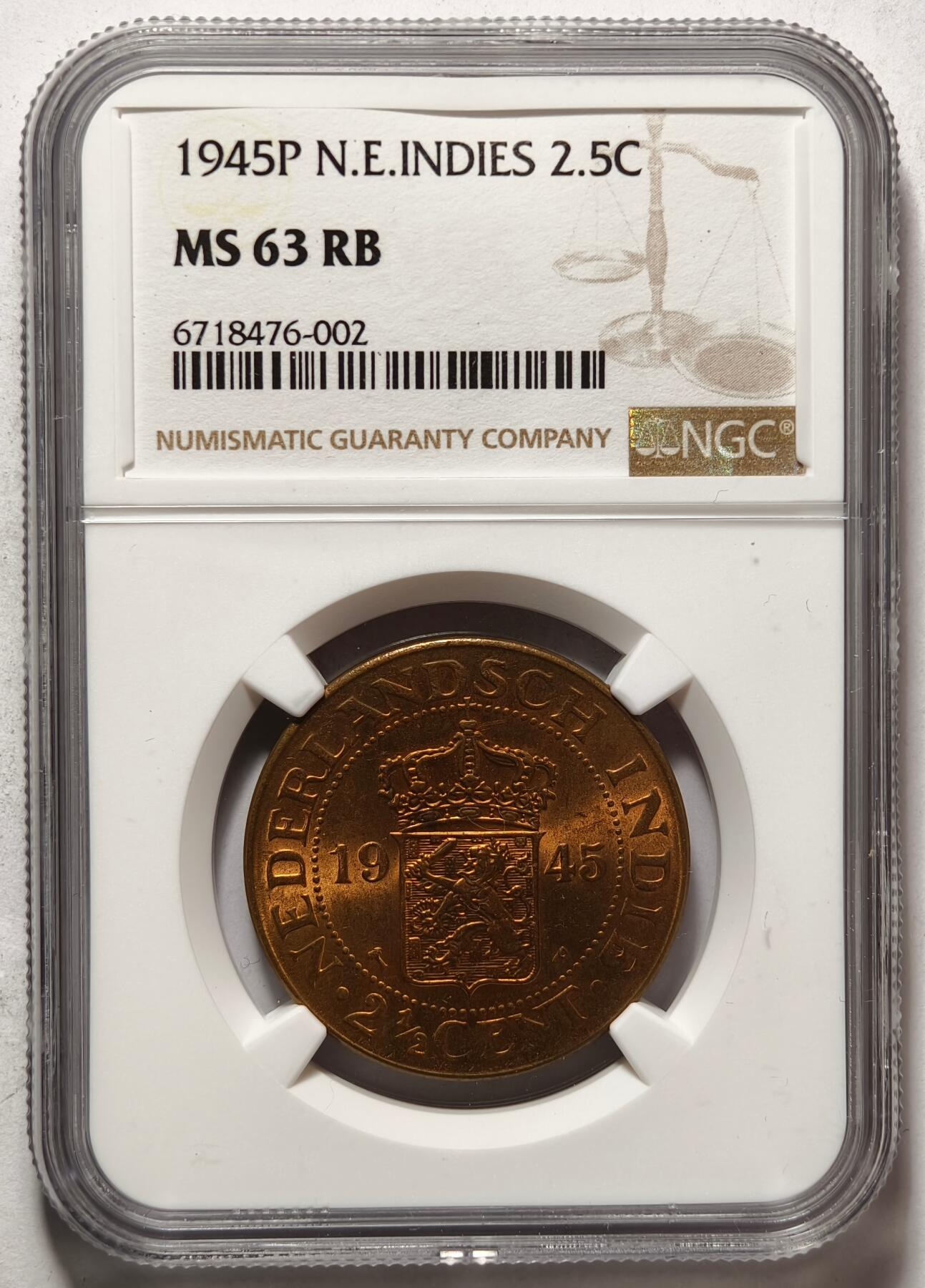 紫瑗钱币——第462期 荷属东印度 1945年 P版 2.5分 铜币 NGC MS63 RB