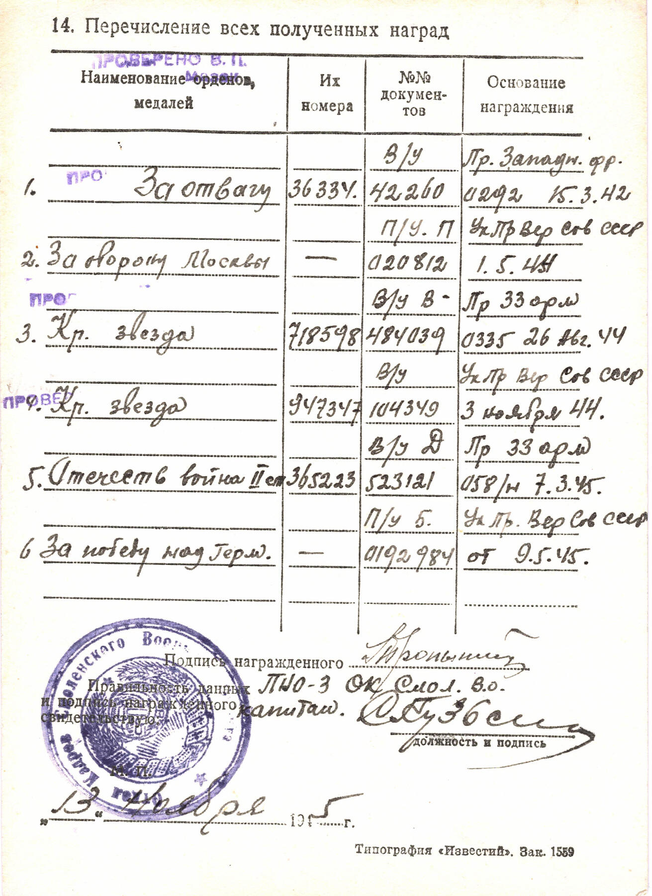 苏联勋章奖章拍卖12月6日晚上九点结束 找不到的加我qq或者微信都是184277308备注苏章拍卖。最好加微信群每次都会通知还有提前可以一口价的 最近会持续拍卖一些东西。			 苏联二战红星勋章 六位数 947347 品相不错 佩戴痕迹 右下角顶部轻微小瑕疵几乎不可见 原配银盖子 带登记卡 早期服役获得  Тропынин Иван Иванович 照片和其他资料也很多 感兴趣的可以去查一下 