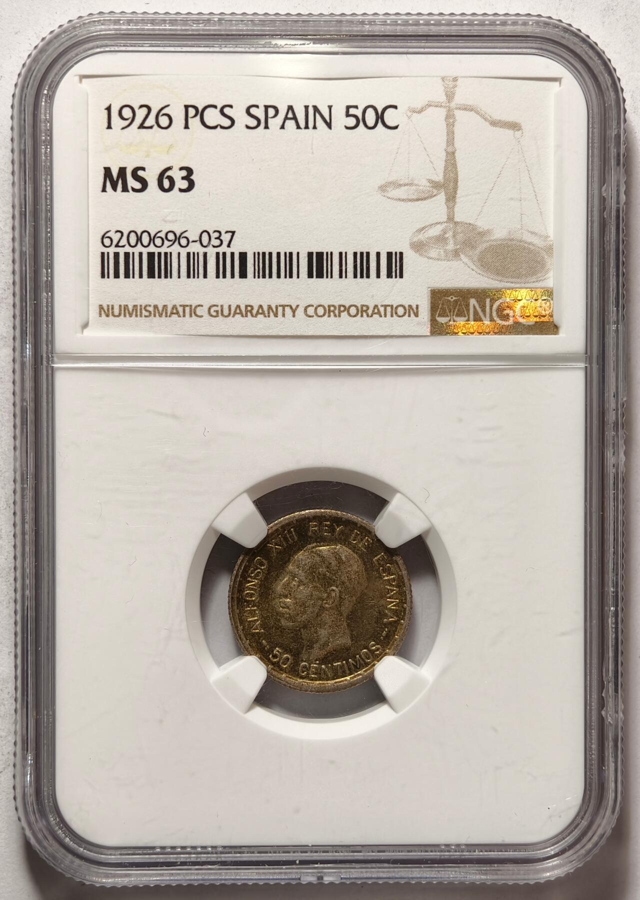 紫瑗钱币——第462期 西班牙 1926年 阿方索十三世 50分银币 NGC MS63