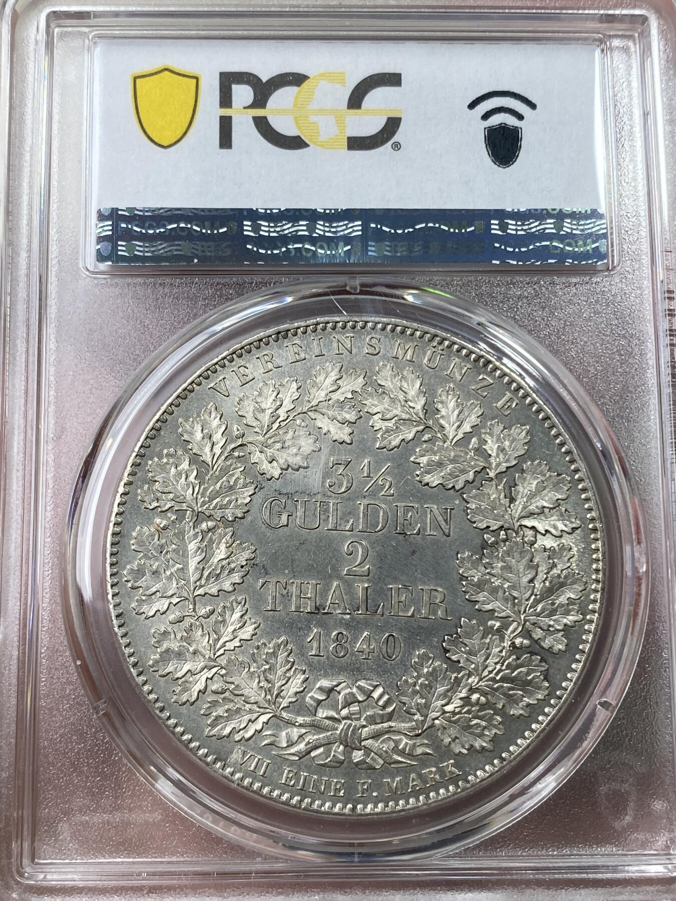 万国钱币拍卖第037期 PCGS MS62 1840年德国符腾堡橡叶面值版流通2泰勒 符腾堡唯一的流通2泰勒品种 好品难度极大 PC唯一亚军分