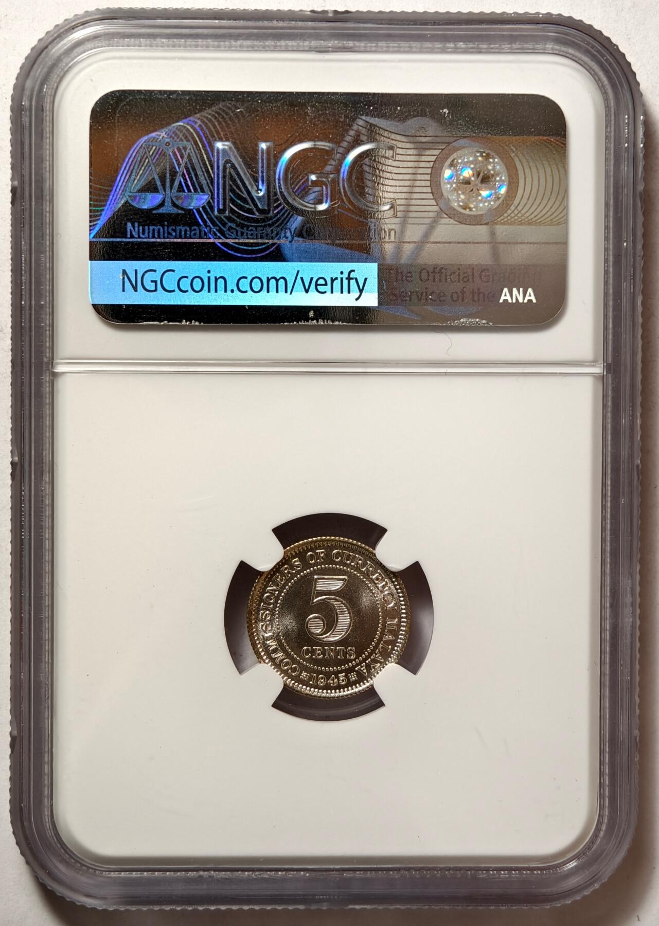 紫瑗钱币——第464期 马来亚 1945年 乔治六世 5分 银币 NGC MS64